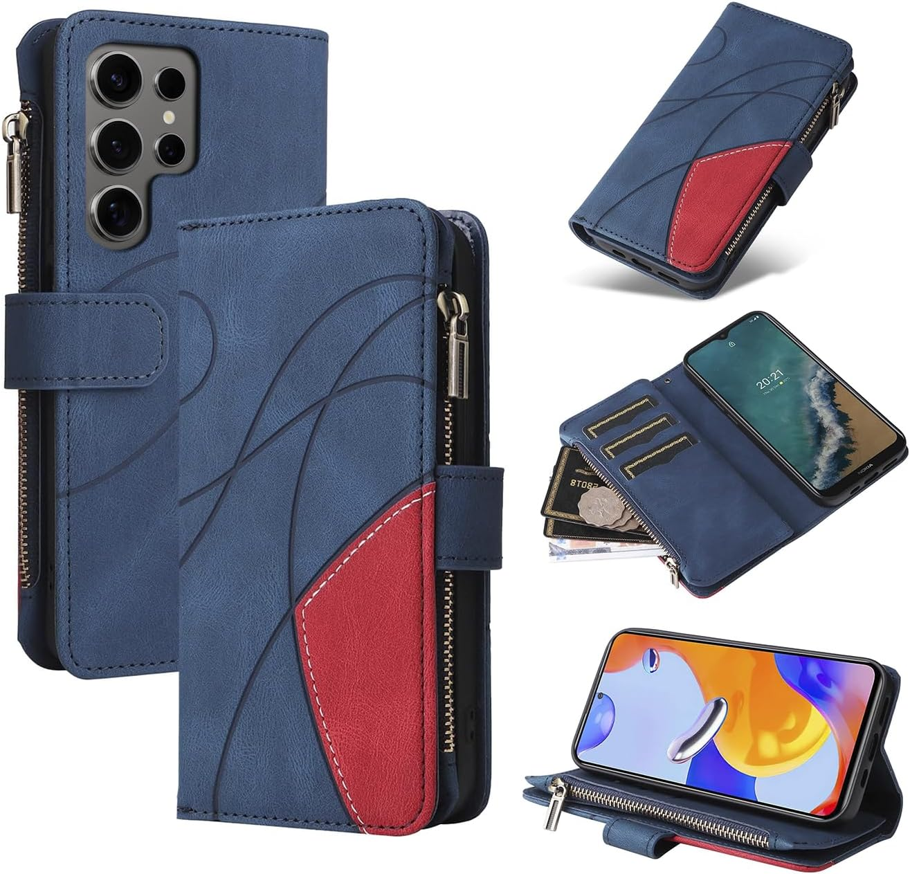 Design Piece of Leather-Like Wallet Phone Case for Samsung S24 Ultra with 5 Card Slots, Zipper Pocket, Kickstand and Magnetic Lock