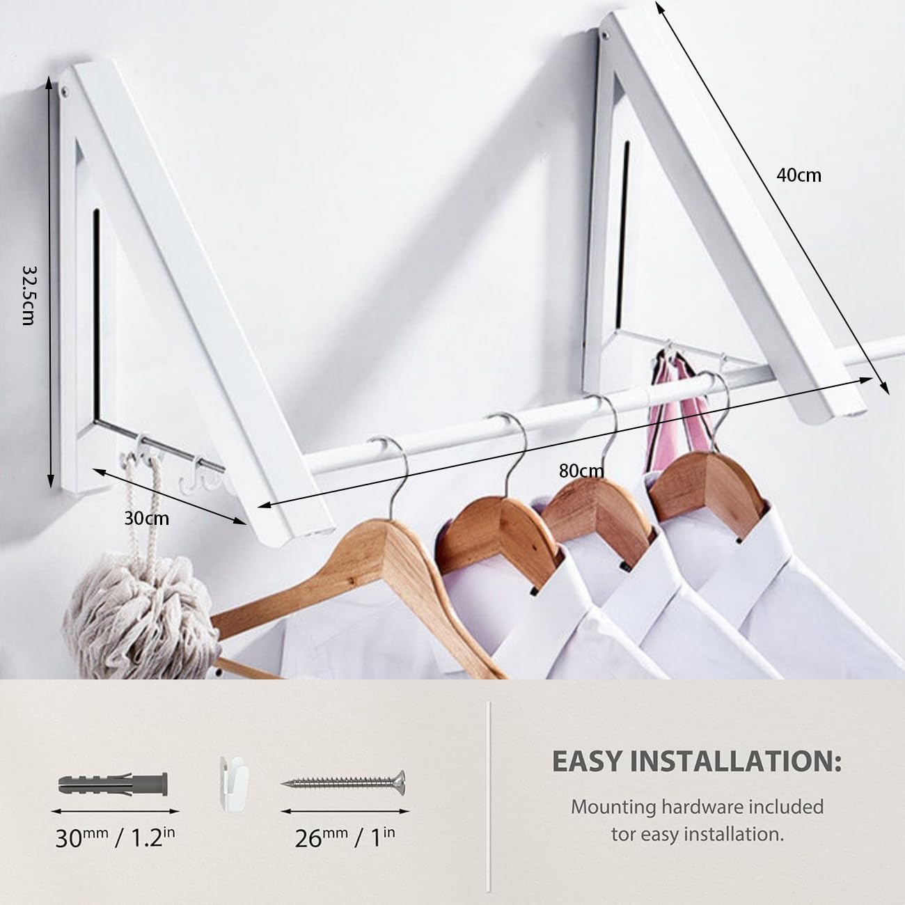 Foldable Wall Mounted Drying Rack with 80CM Extension Rod，Heavy Duty Aluminum Telescopic Clothes Hanger for Laundry Room Organisation Storage Drying Hanging Clothes with Drying Rod (2-Pack, White) image number 4