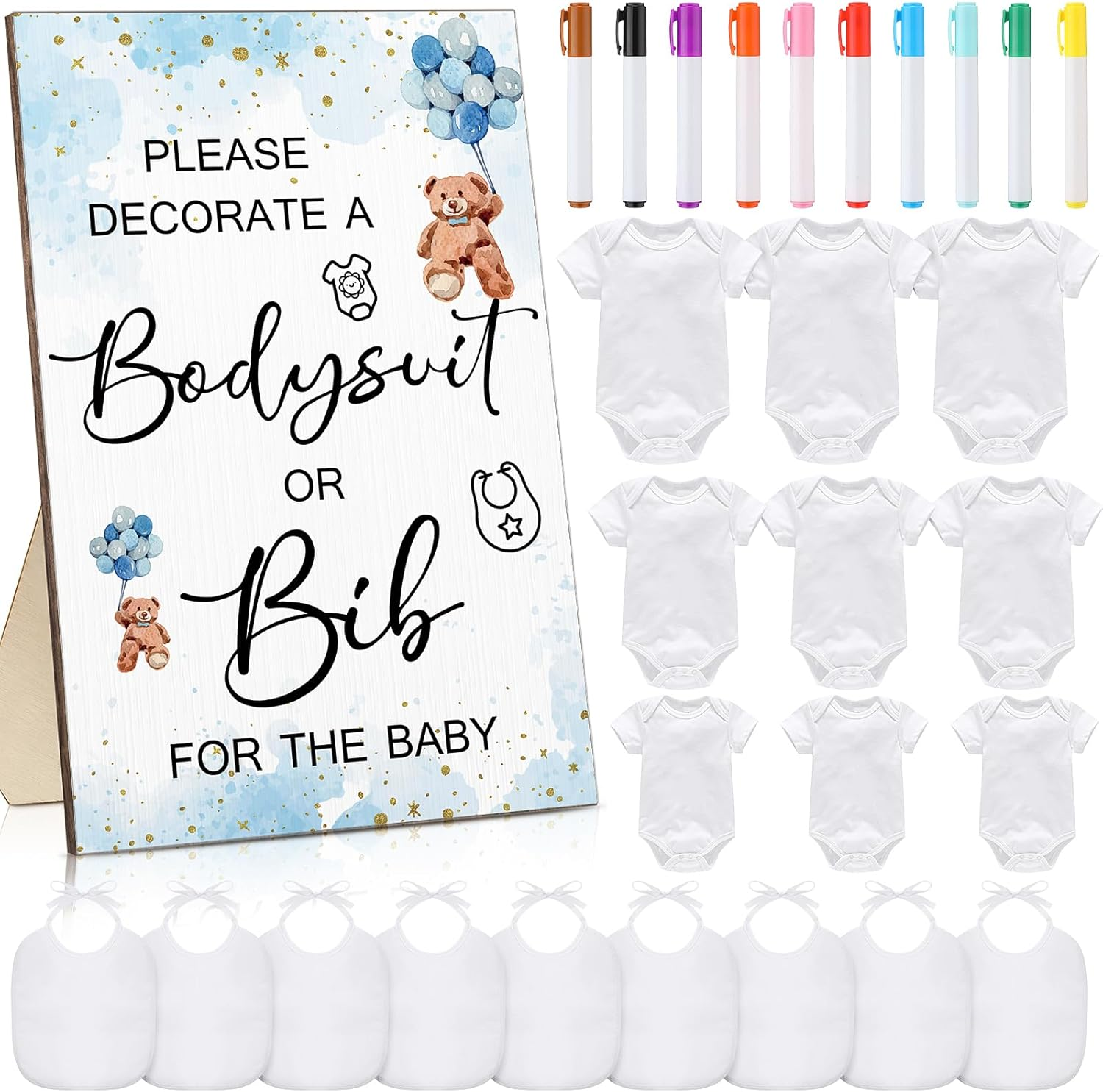Roowest 35 Pcs Baby Shower Bibs Games Design Wooden Baby Shower Party Game Sign DIY Bodysuit Sign 15 White Blank Feeder Bibs 9 Newborn Bodysuit 10 Markers for Boys Girls(Bear) image number 5