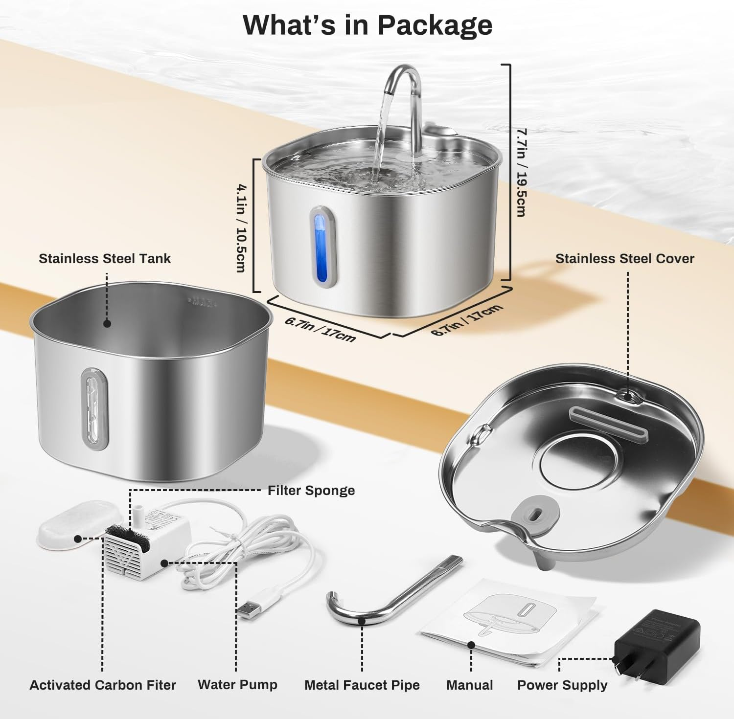 Cat Water Fountain, 2.2L/74Oz Automatic Stainless Steel Pet Water Fountain, Square Cat Drinking Fountains Pet Water Bowl Dispenser with Ultra-Quiet Pump for Cats, Pets, Dishwasher Safe image number 2