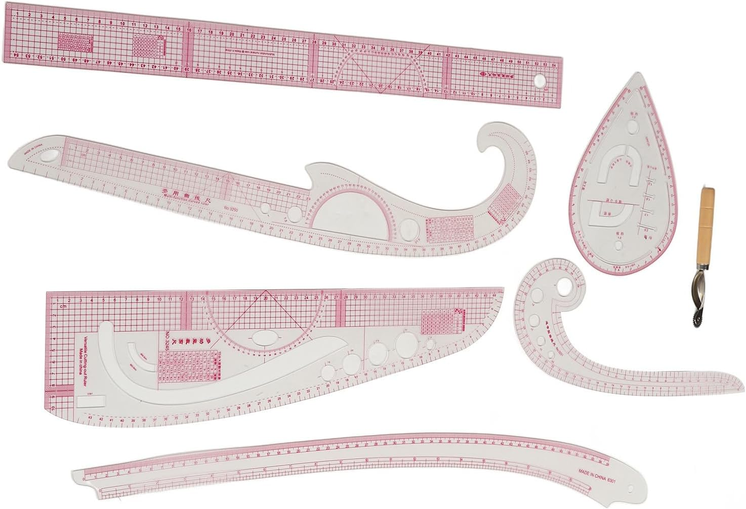 Sewing Ruler French Curves 7Pcs, Metric Pattern Curved Rulers Set with Transparent Body Highly Precise Scale, Sew Making Ruler Kit for Beginners Tailors Designers Drawing Craft DIY image number 2
