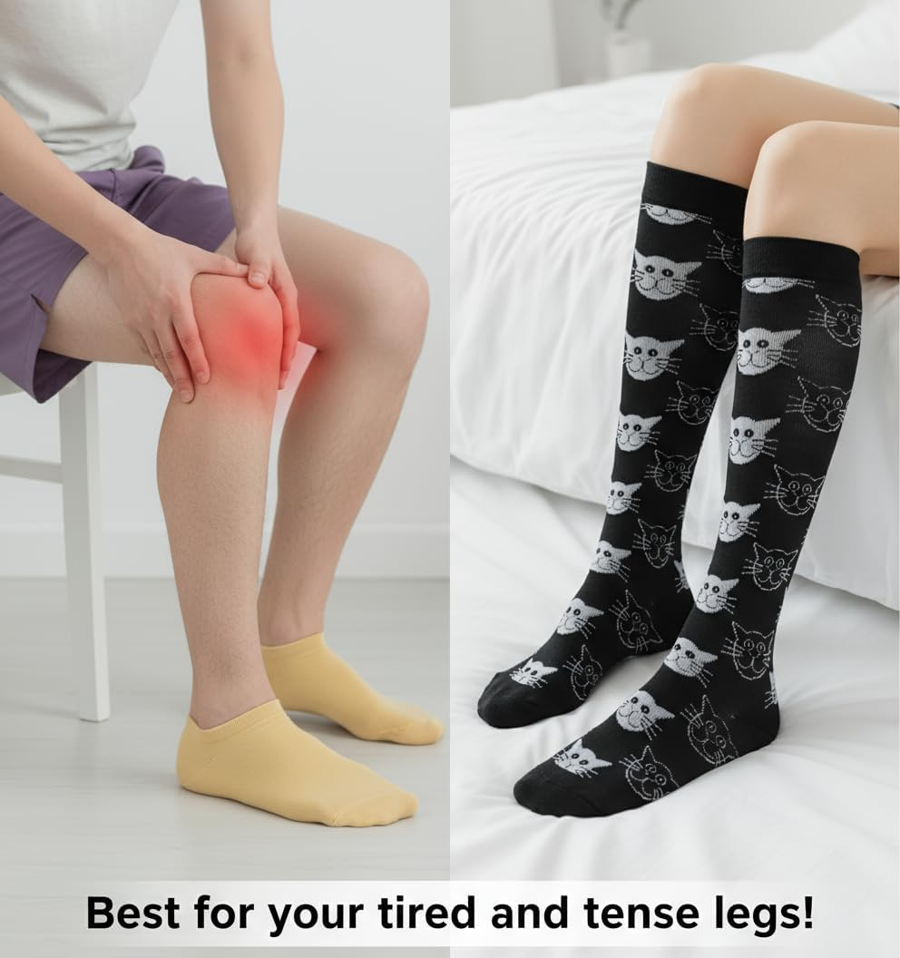 20-30 Mmhg Compression Socks for Women - Knee High Support Socks for Nurses, Pregnancy, Sports & Travel - Black Cat image number 3