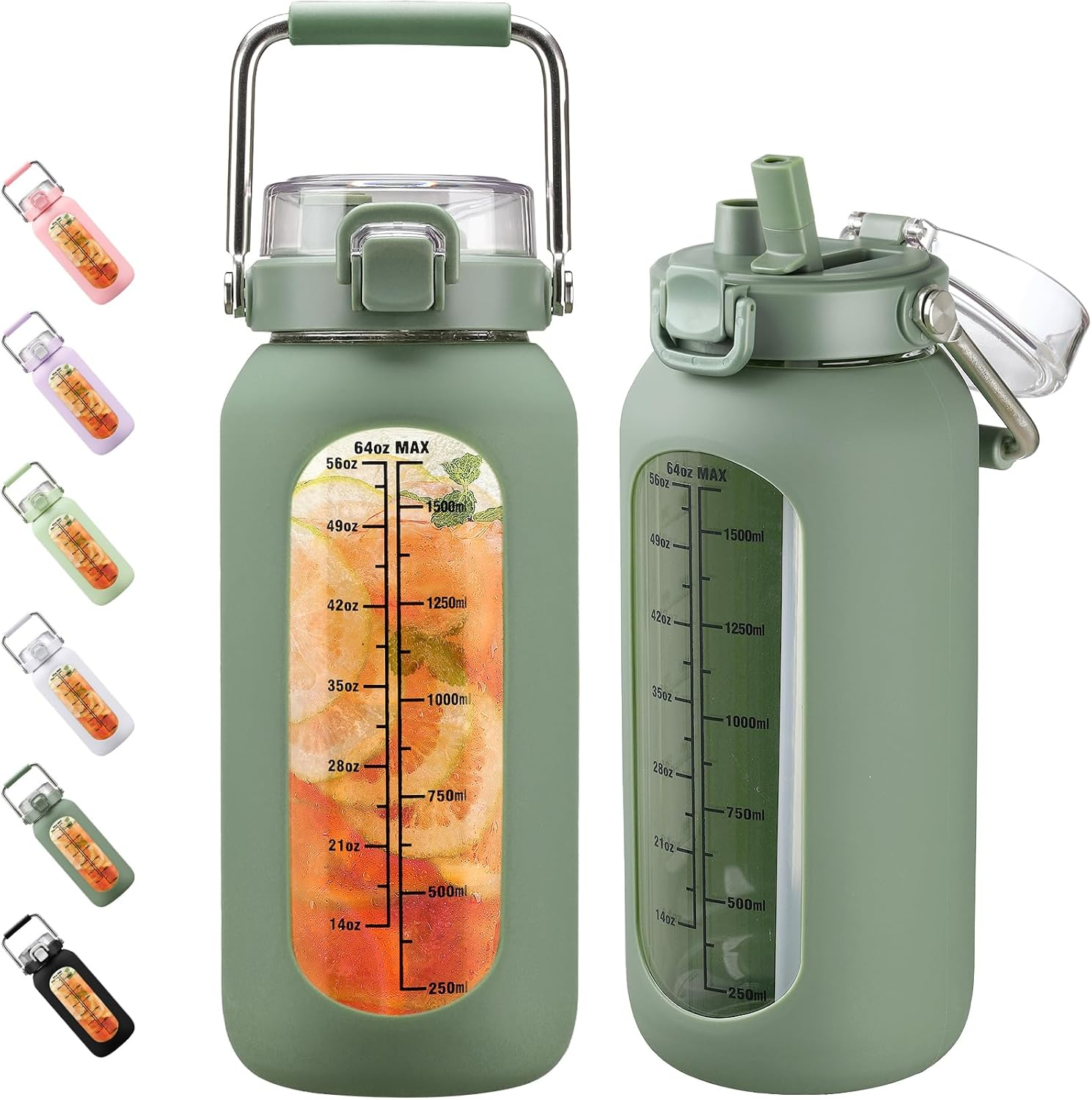 BLUEGO 2000 Ml Glass Water Bottle with Stainless Steel Handle and Time Marking, 2 L Drinking Bottle, Borosilicate Glass with Silicone Cover and Straw for Gym, Office, Outdoor, Sports, Water Bottles