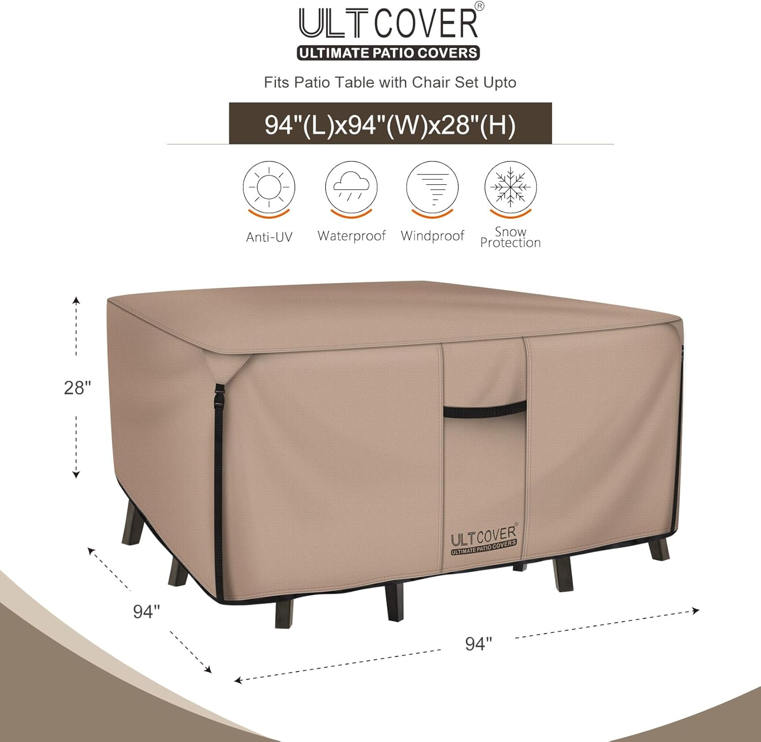 Square/Round Patio Heavy Duty Table Cover 600D Tough Canvas 100% Waterproof & Uv-Resistant Outdoor Dining Table Chair Set Cover 94 Inch image number 3