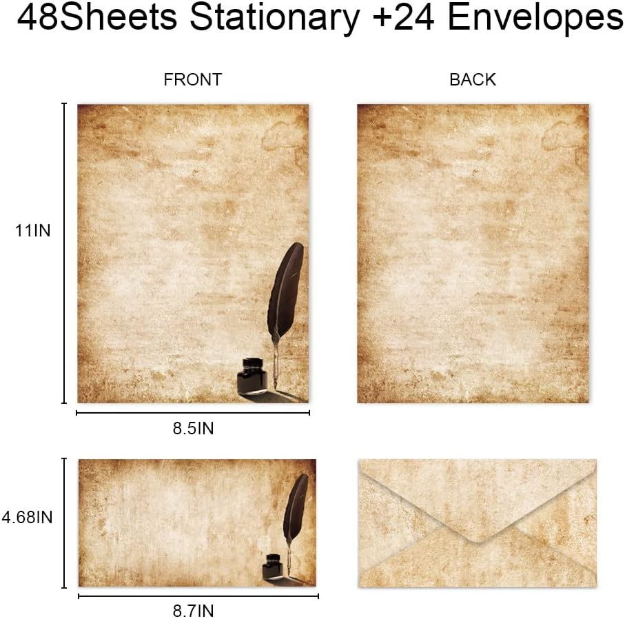 Paper Master Vintage Stationary Set, Old Fashion Letter Writing Stationary Paper and Envelopes Set, 48 Sheets Feather Stationery Set with 24 Envelopes, 8.5X11 Inch image number 5