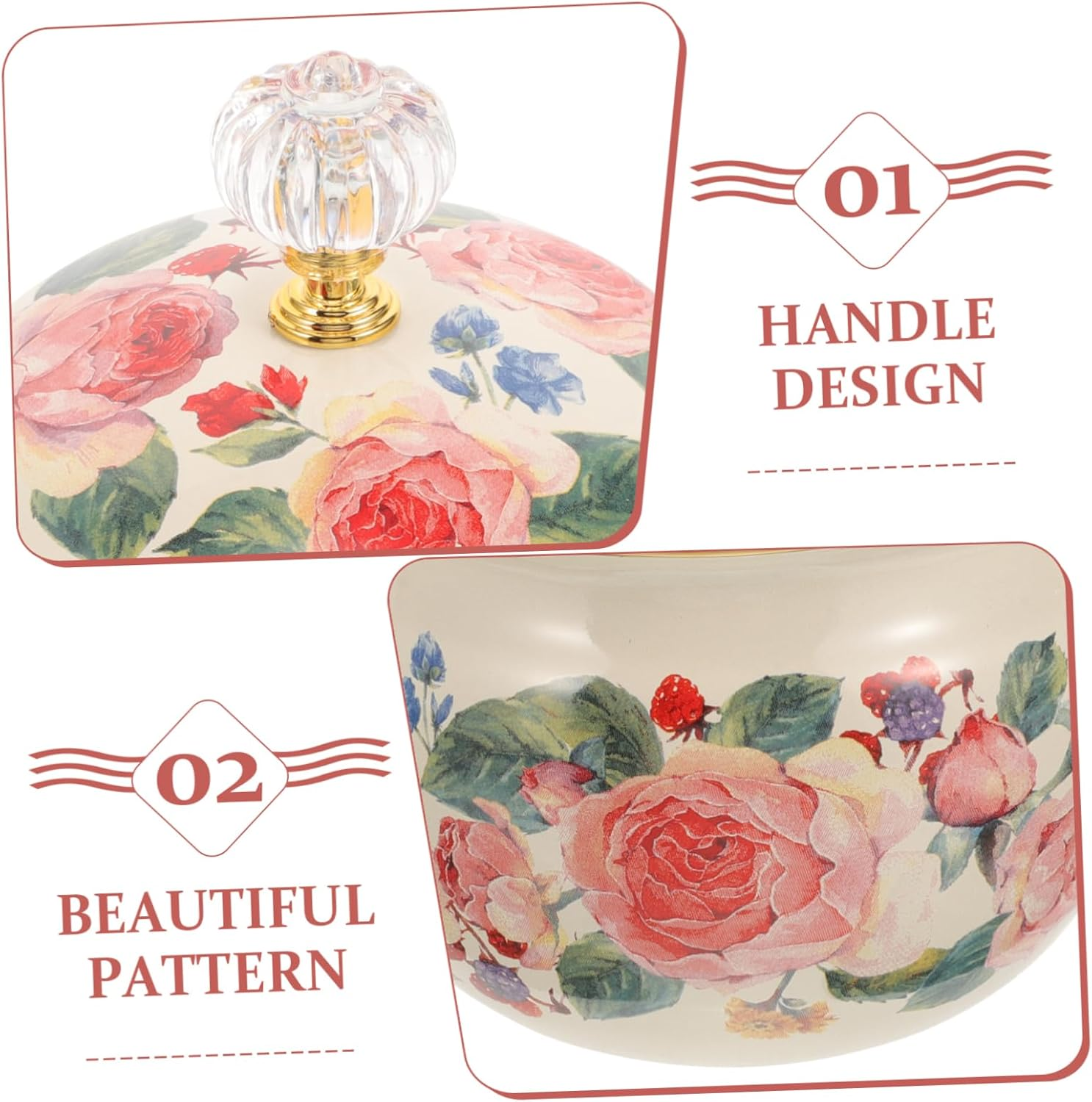 GRIRIW Enamel Spice Jar with Lid 9Cm Rose Pattern Multi-Function Ceramic Container for Kitchen Food Storage and Tea Sugar Canister Home Use