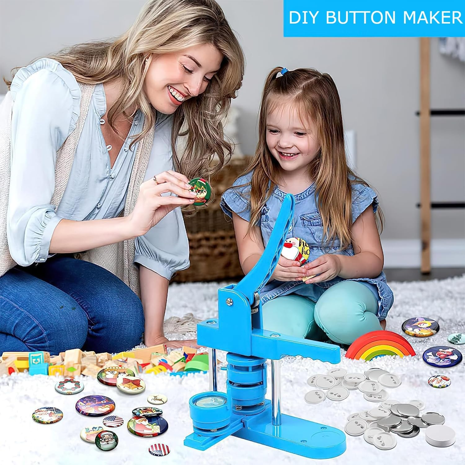 Button Maker Machine, Badge Making Machine Multiple Sizes 25-32-58Mm, 500 Buttons,15 Bottle Openers,15 Fridge Magnets,15 Keychain Buttons, 500+ Free Designs,3 Circle Cutters (Blue) image number 5