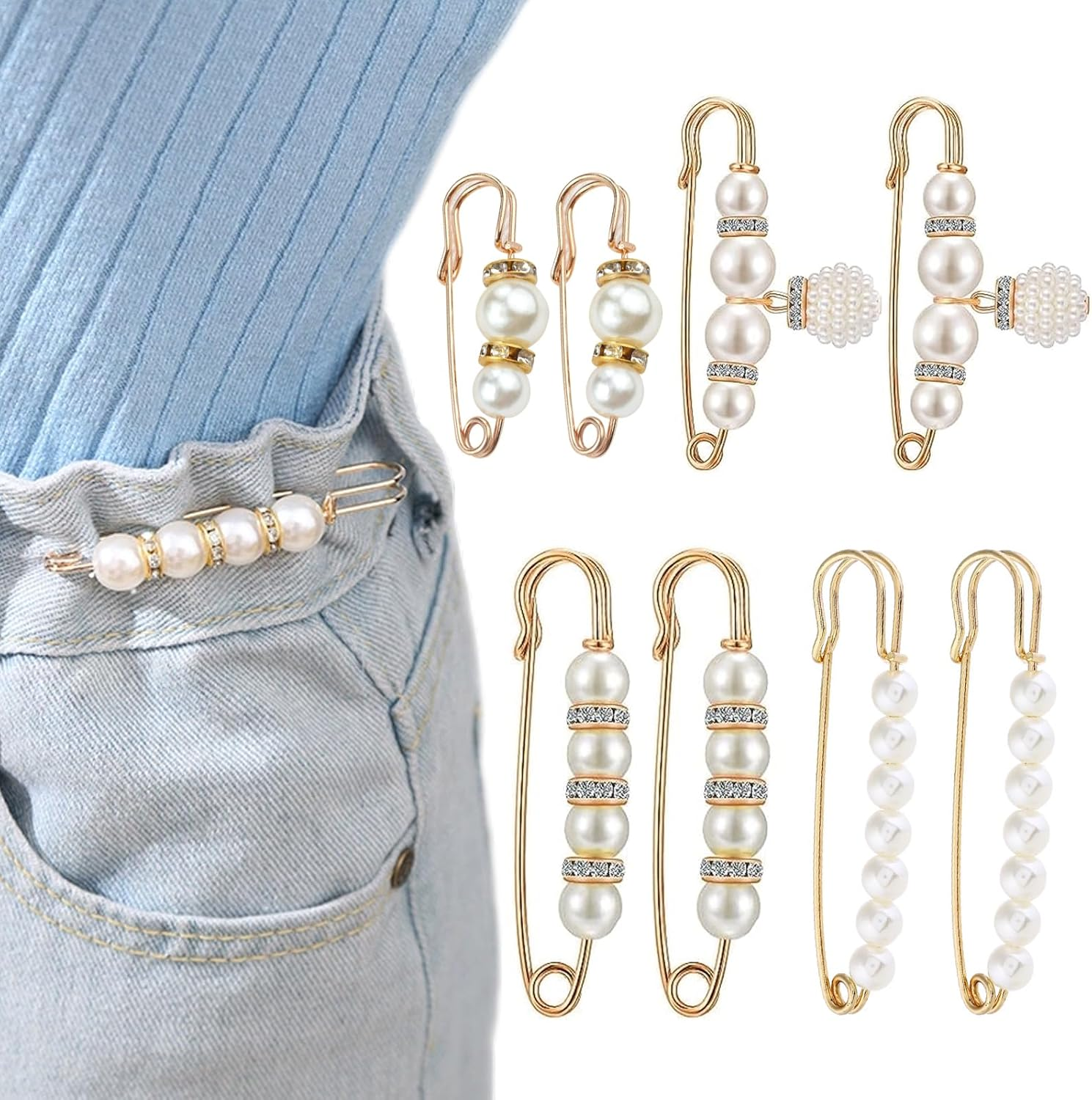 8 Pcs Faux Pearl Rhinestone Brooch Pins, Safety Pins for Clothing, Dress Pants, Skirt, Cardigan, Collar, Pants Extender, Set-A, White image number 5