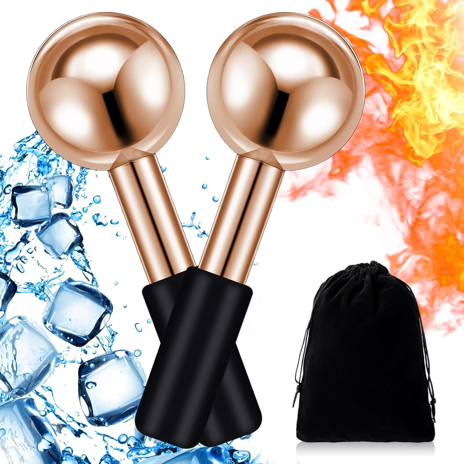 Baderke 2 Pcs Ice Globes for Facials Stainless Steel Cooling Globes Unbreakable Cooling Roller for Women Ice Balls Cryo Sticks for Face Skin Care for Dark Circles, Puffiness (Rose Gold (Black Handle))
