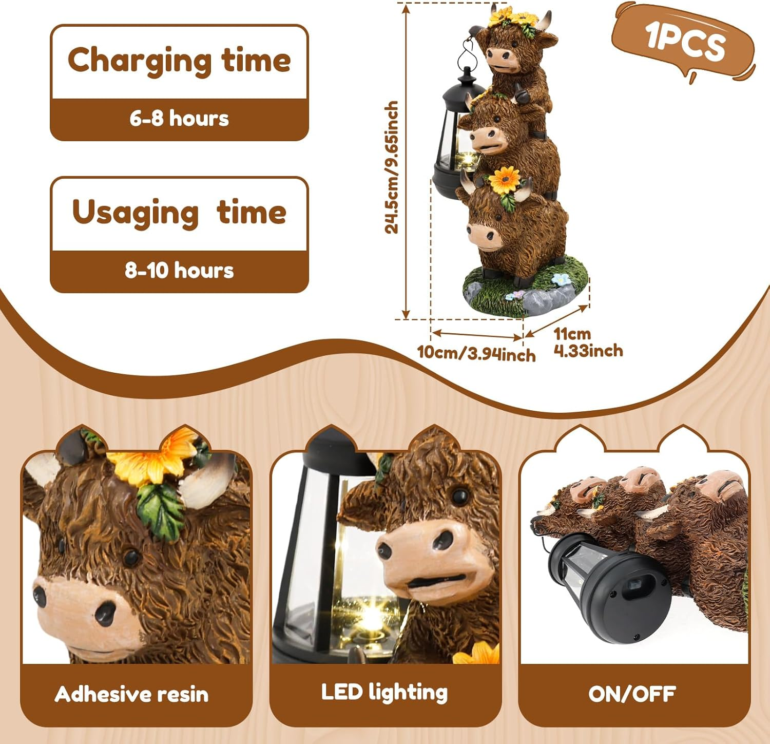 Garden Highland Cow Statue, Funny Highland Cow Decor with Solar Lantern, Synthetic Resin Cows Garden Statue, Lawn Ornament for Yard Patio Pathway (Color B) - Color A image number 7