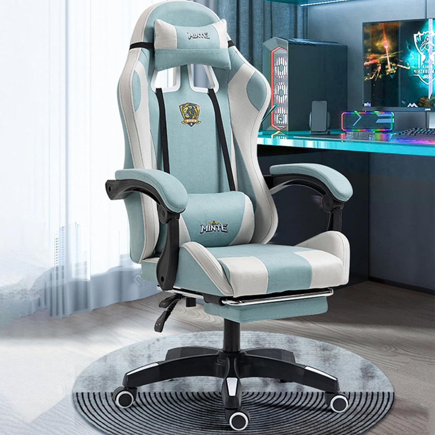 Technology Fabric Gaming Chair, Racing Massage Seat with Footrest, Ergonomic Support, 90-135&deg; Tilt, Breathable Fabric, Adjustable Lumbar, High-Back Recliner for Home Office (Grey)