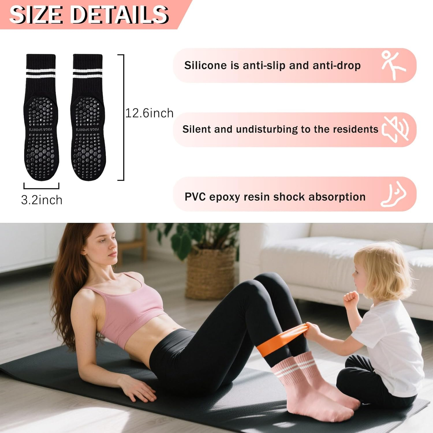4 Pairs Pilates Yoga Grip Socks, Non Slip Pilates Socks Ladies Mid-Calf, Breathable Cotton Yoga Socks for Gym image number 2