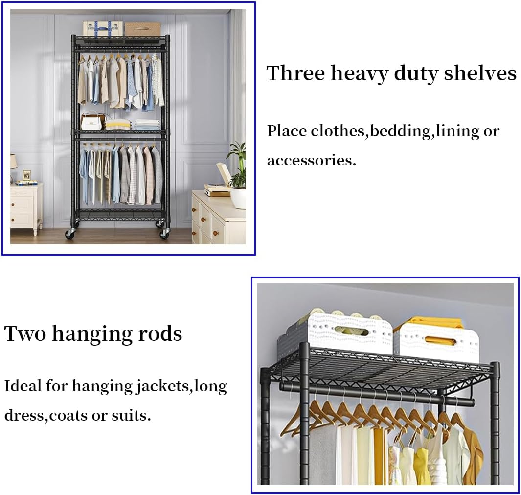 Rolling Clothes Rack,Heavy Duty Garment Rack,Adjustable Shelves and Hanging Rods, Multi-Functional Clothing Rack for All Kinds of Clothes Storage.Expandable Wardrobe and Closet Organizer. image number 3