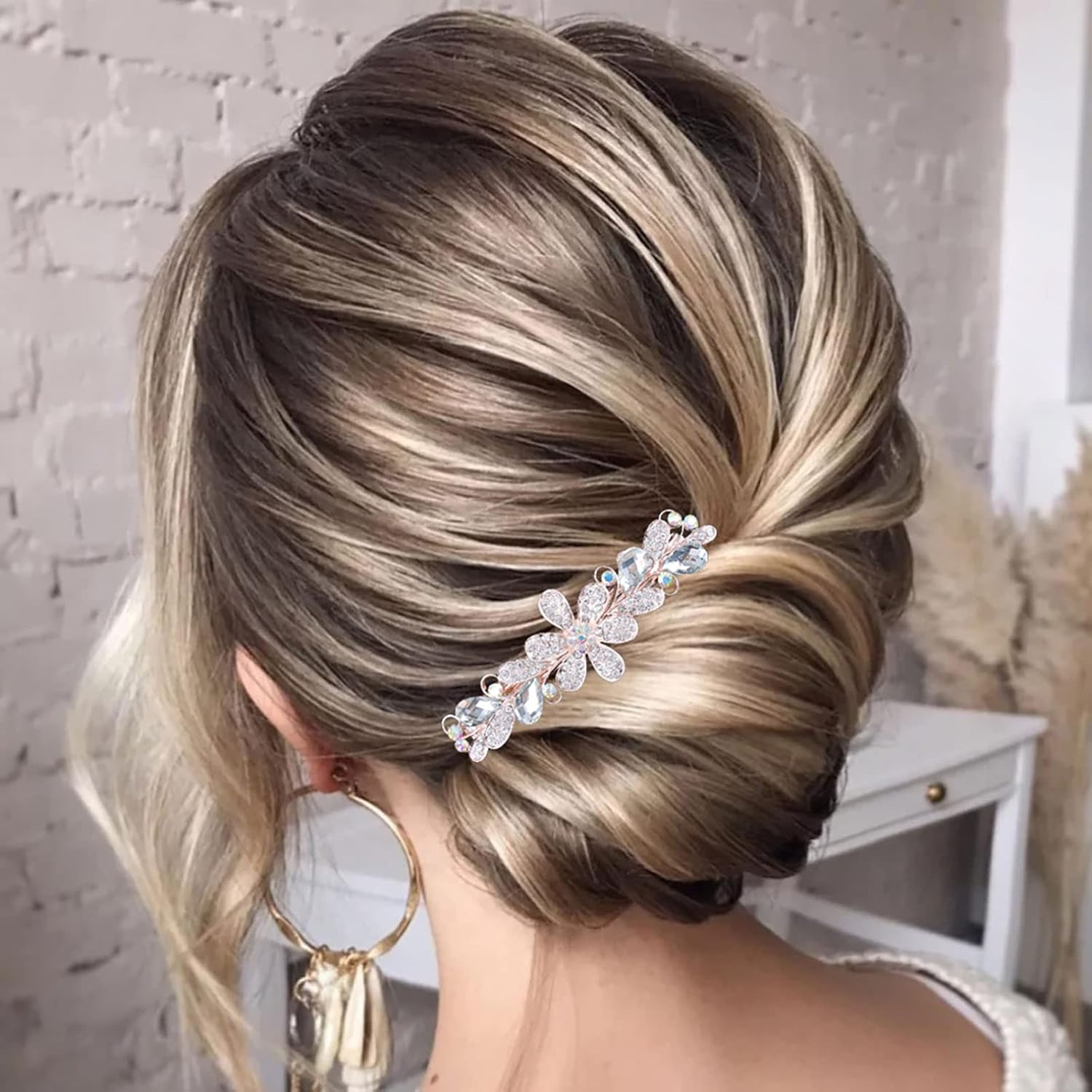 Tseenyi Crystal Flower Hair Clip Rhinestone Wedding Hair Clip Hair Clip Shiny Bridal Decorative Headpiece Gold Crystal Hair Accessories for Women and Girls (Transparent Crystal) image number 2