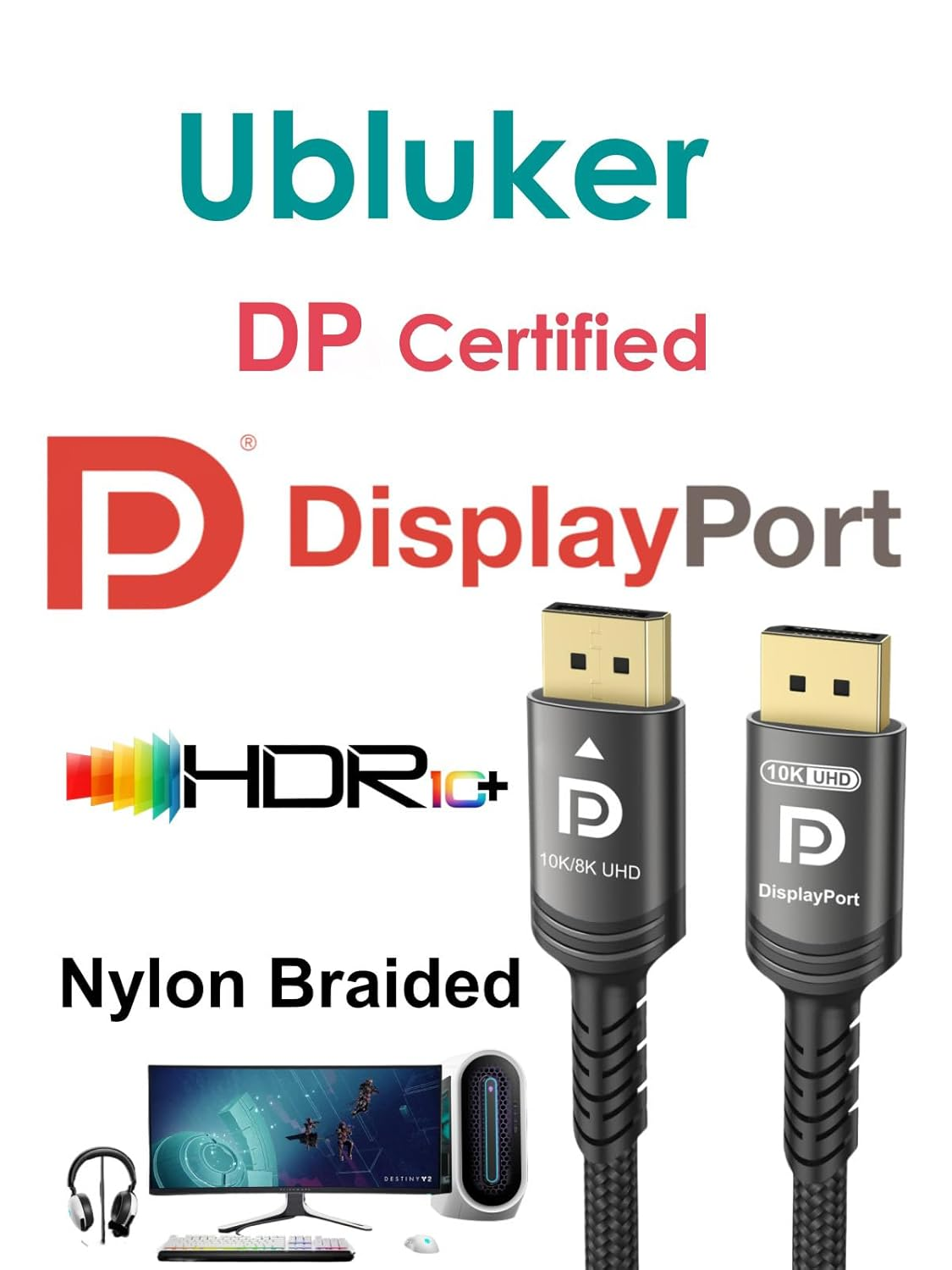 10K 8K 4K Displayport Cable 40Gbps 3 M, VESA Certified DP to DP Cable V1.4 V1.2 Nylon Braided UHBR HDCP DSC1.2 10K 8K60Hz 4K 165Hz 144Hz 2K 240Hz Freesync G-Sync Monitor PC Projector image number 2