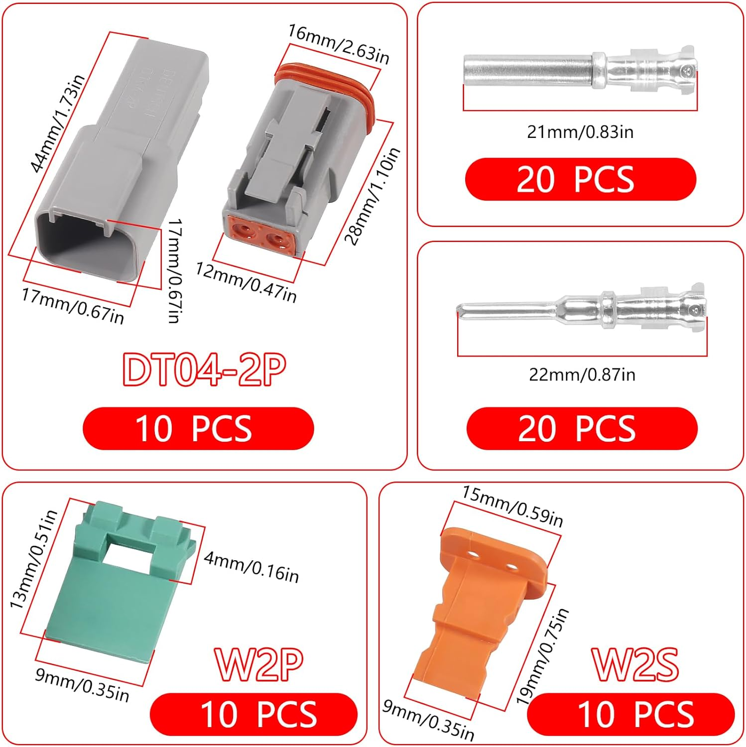 2 Pin Deutsch Connector 10 Kits, DT04-2P Waterproof Connector, 13A 14-18 AWG DT Series Connector, Solid Contacts Deutsch Automotive Connectors Kit for Car, Truck, Marine image number 3