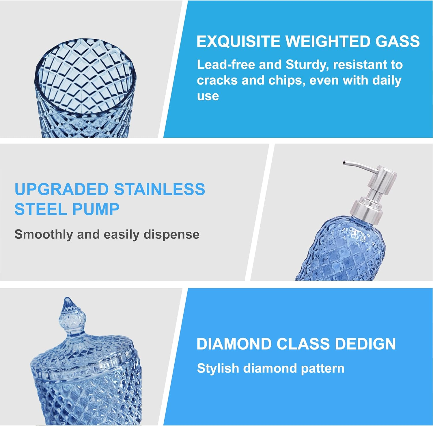 Lamarriti Blue Bathroom Accessories Set, 4Pcs Clear Glass Bathroom Accessory Set Complete, Lotion Soap Dispenser, Toothbrush Holder Set, Soap Dish, Qtip Holder for Modern Bath Decor, Light Blue image number 5