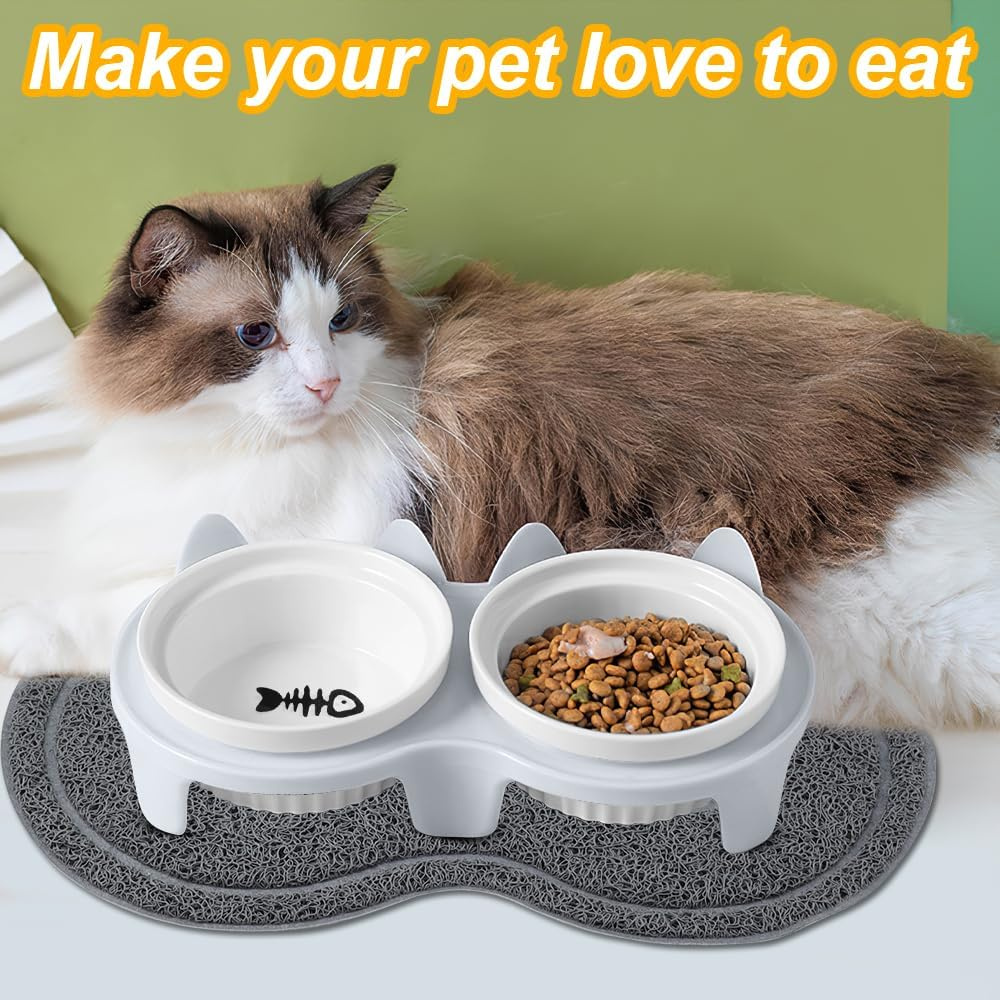 GIGIIS Cat Bowls Raised Tilt Feeding Station Cat Bowl Set Ergonomic Cat Bowl Ceramic for Food and Water with Non-Slip Mats Protects the Spine of the Pet image number 6