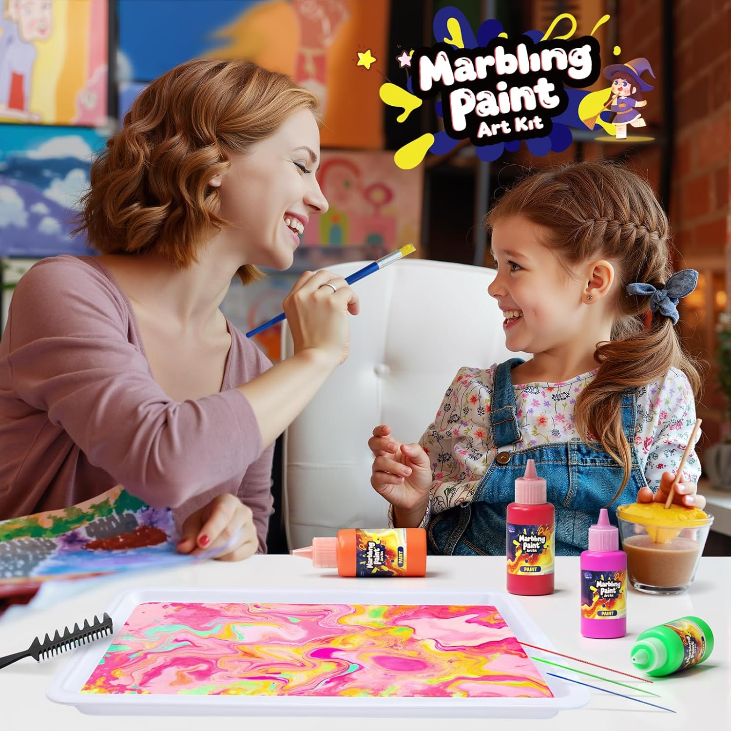 Wukon Water Marbling Paint Kit - Arts and Crafts for Kids, Water Marbling Paint Birthday Gifts Ideas for Girls & Boys Ages 8-13 5-7 3-6, Marbling Ink Art Supplies Crafts Toys Kits for 3+Years Old image number 3