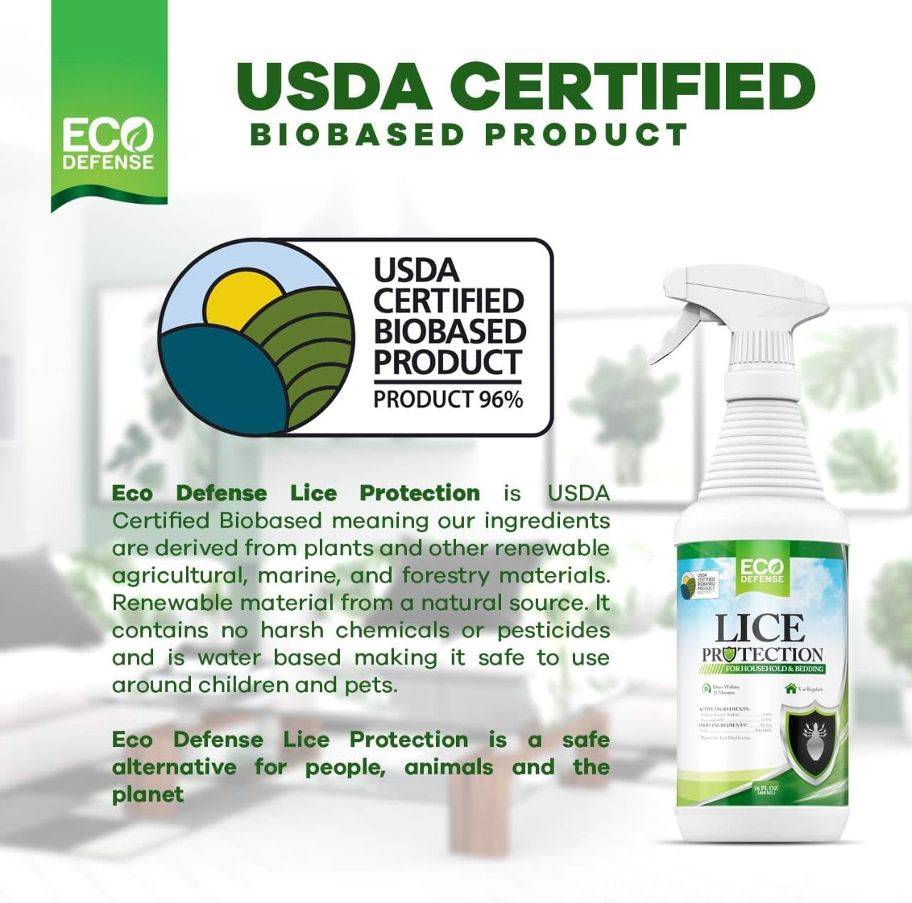 Eco Defense USDA Biobased Lice Spray for Furniture, Bedding, and Home - Natural Extra Strength Treatment - Helps Keep Home Free of Lice