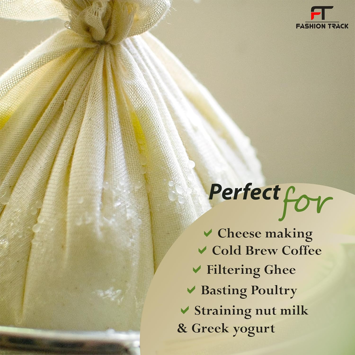 Fashion Track Cheesecloth for Straining, Grade 90 Muslin Cloth for Cooking, 100% Unbleached Cotton Fine Mesh Strainer for Jam Making, Nut Milk, Butter & Steaming - Reusable & Hemmed (50X50Cm - 2 Pcs) image number 4