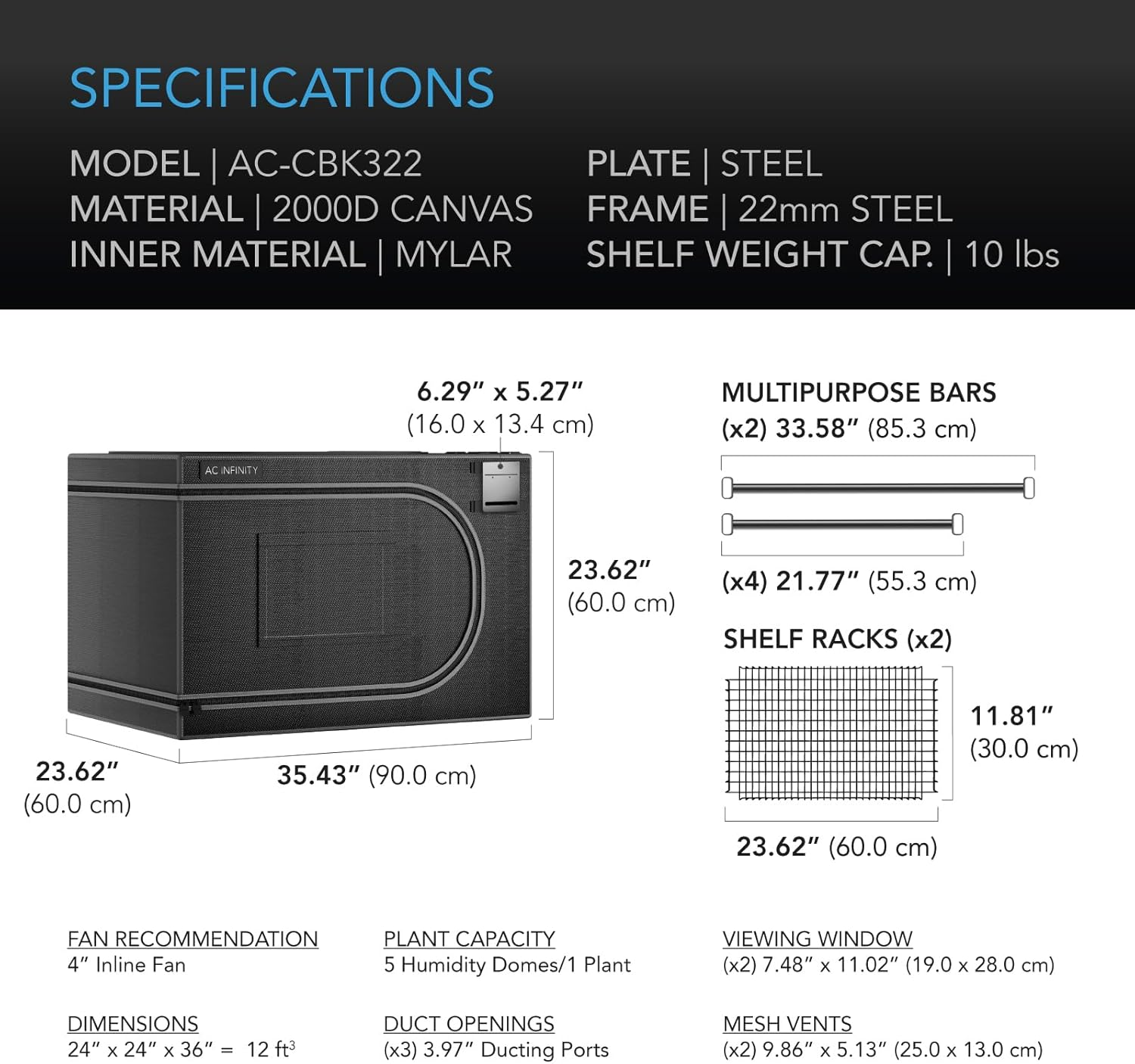 AC Infinity CLOUDLAB Advance Propagation Grow Tent, 24"X24"X36" with Support CFM Bars and Shelf Racks, 2000D Diamond Mylar Canvas, for Germination, Cloning, Mushrooms, Early Indoor Plant Growing