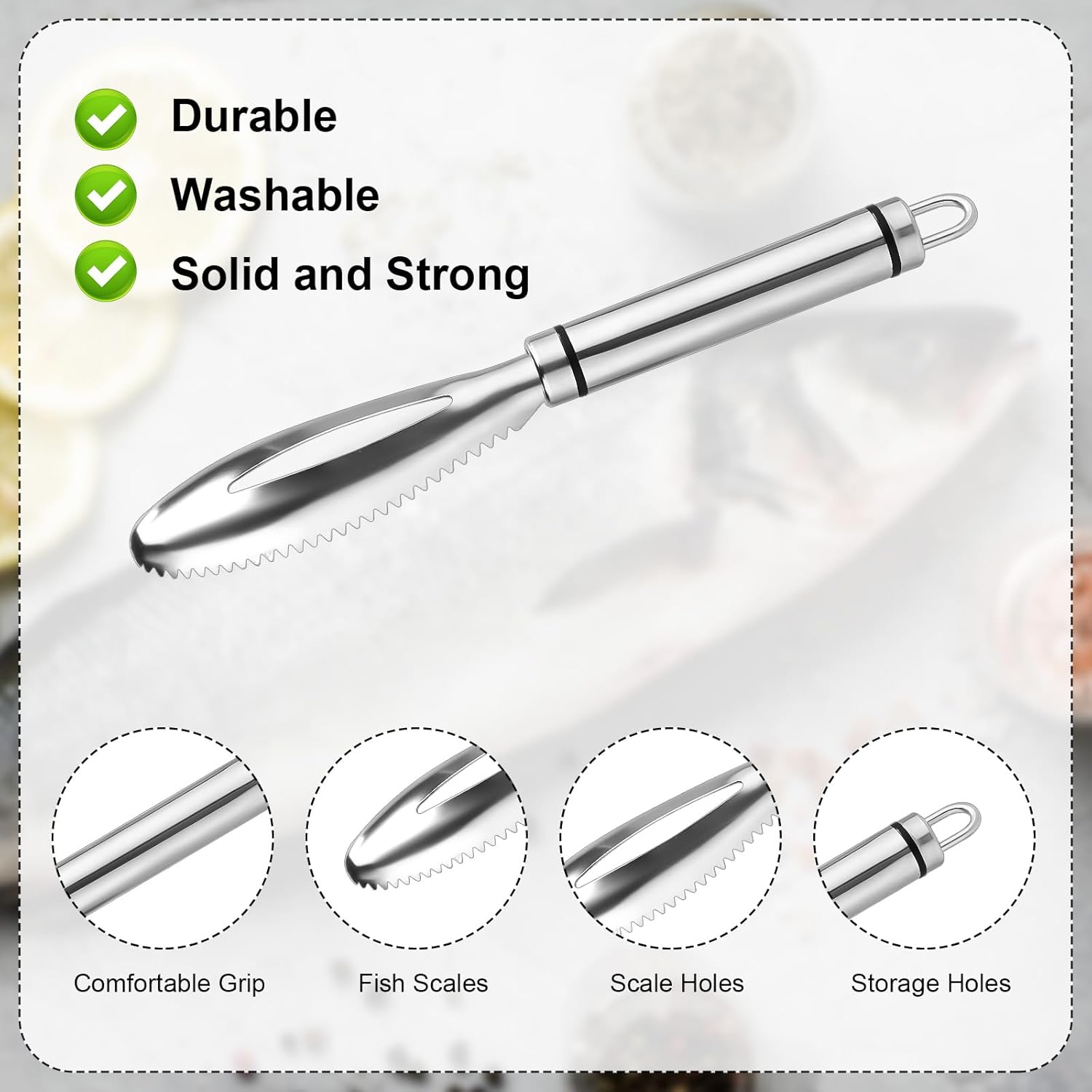 2Pcs Fish Scales Scraping Tool, 9.06X1.3In Multi-Functional Stainless Steel Fish Scaler Tool Fish Scale Knife Fish Descaler Tool Sawtooth Fish Scaler for Home Market Restaurant image number 6