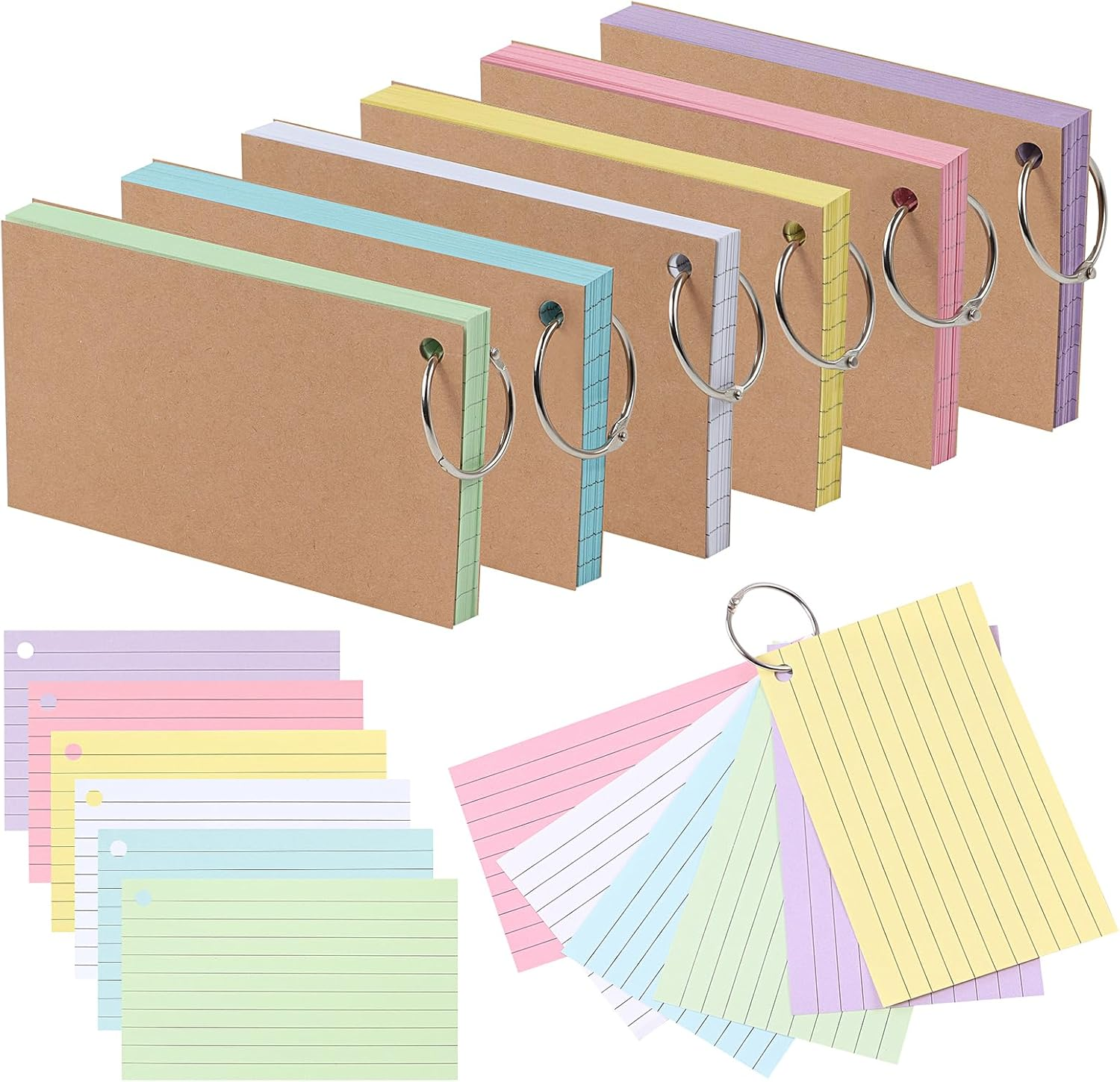 300 Revision Cards, 6 Packs Index Cards with Binder Rings, Multi-Color Kraft Record Cards for Note-Taking, Language Learning, 12.5 * 7.5Cm image number 1