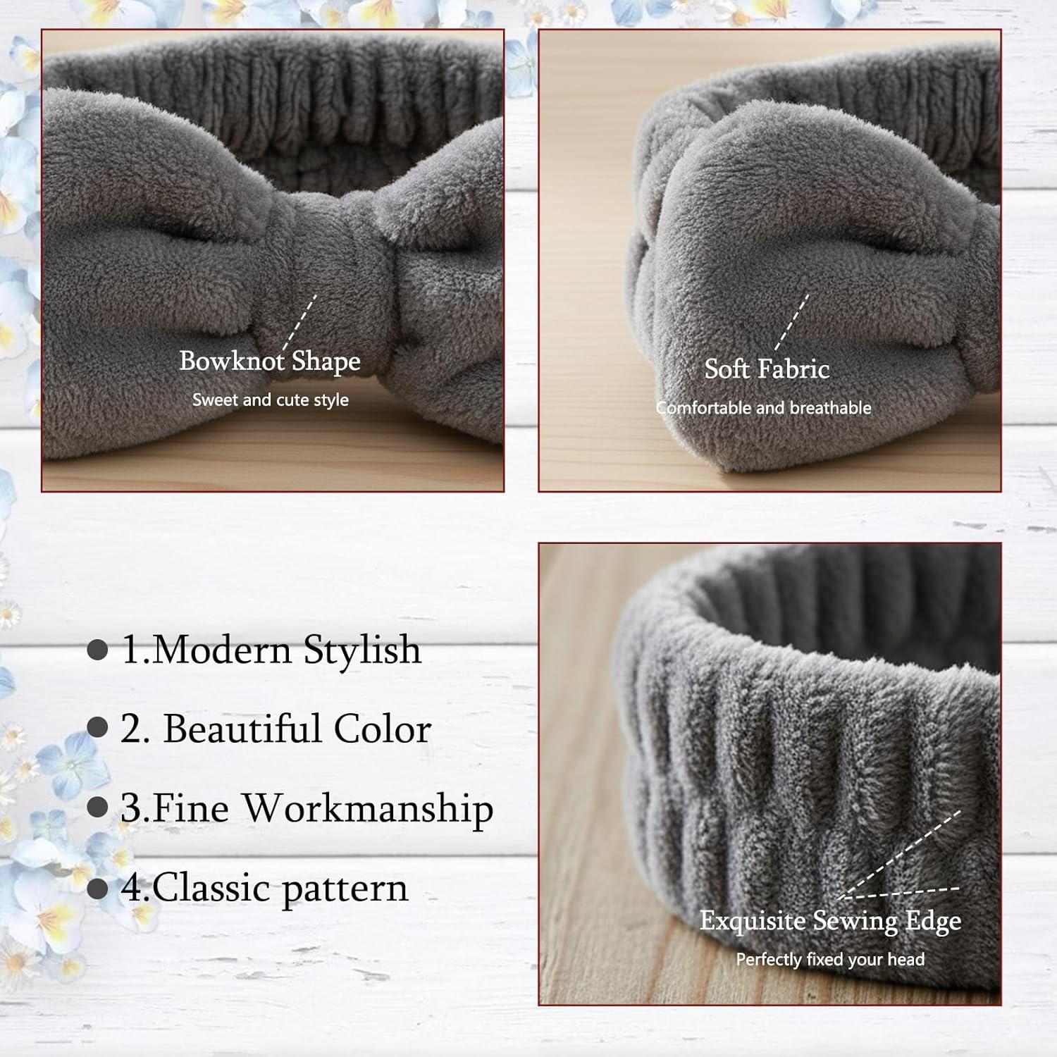 Spa Headband, 3 Pack Soft Skincare Headbands for Women, Makeup Headband for Washing Face, Facial Headband for Yoga, Spa and Travel, Grey Black White