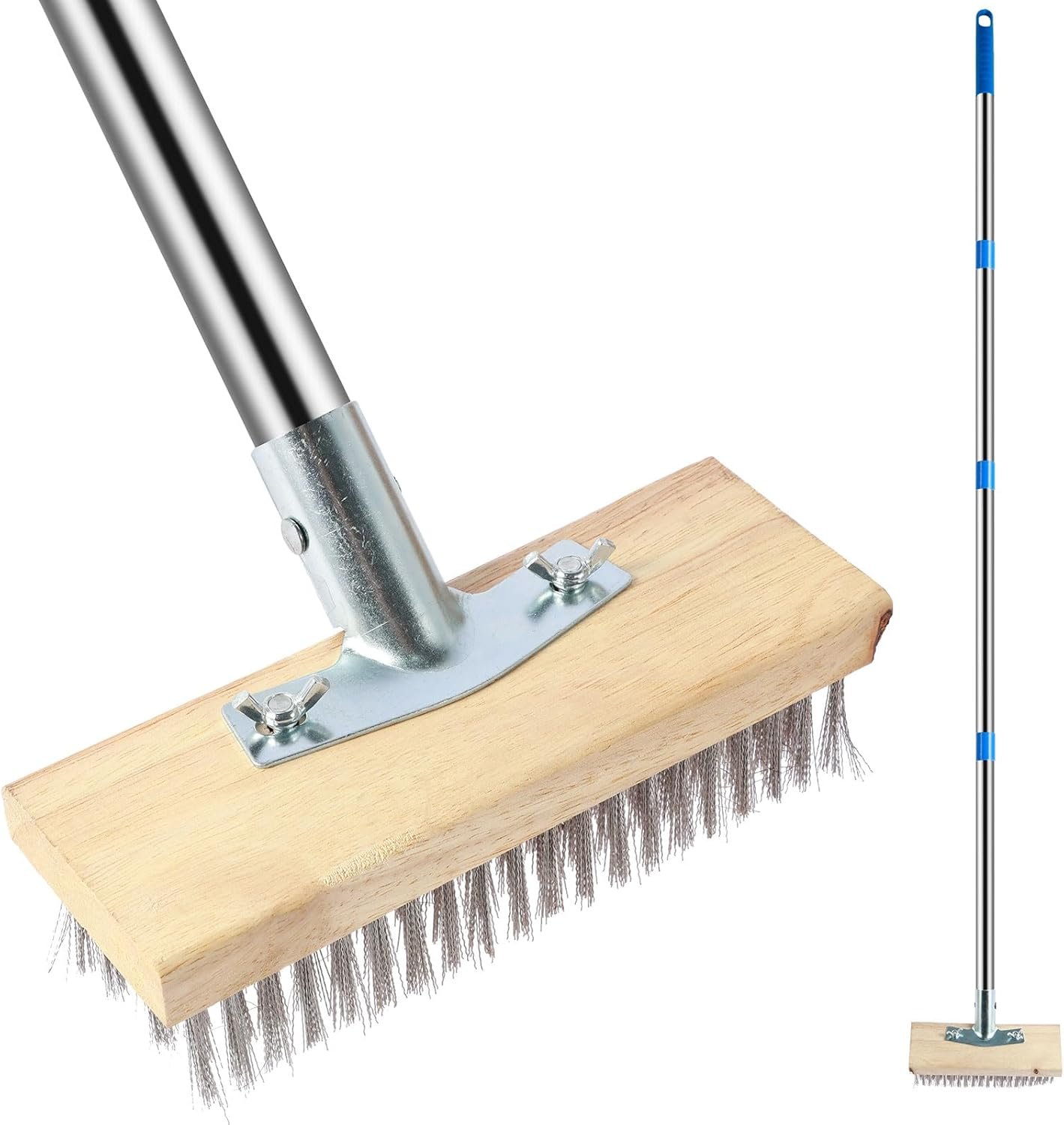 65" Stainless Steel Wire Broom with 4 Detachable Pole, Deck Scrub Brush with Long Handle, Stiff Metal Brush, Floor Scrub Bristles Brush, Tile Deck Cleaning Tool for Cleaning Moss Grout Algae Weed image number 4