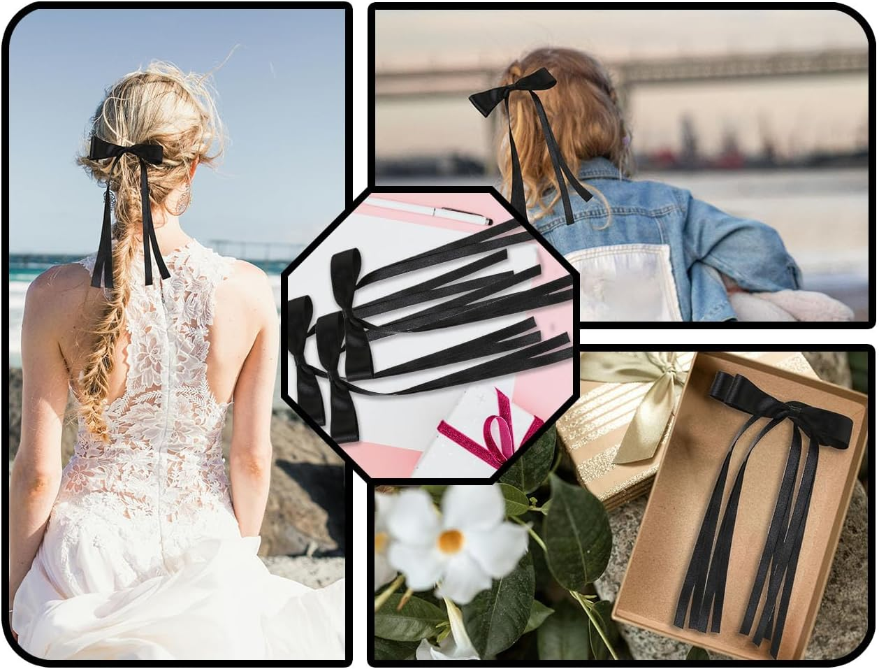 Lhbwhiz Pack of 2 Hair Bows, Silky Hair Clips, Satin Hair Pins, Hair Scrunchie, Band with Bow, Metal Hair Clip, Ponytail Holder, Hair Bow Clip, French Tassel, for Girls Hair Decoration (Black) image number 4