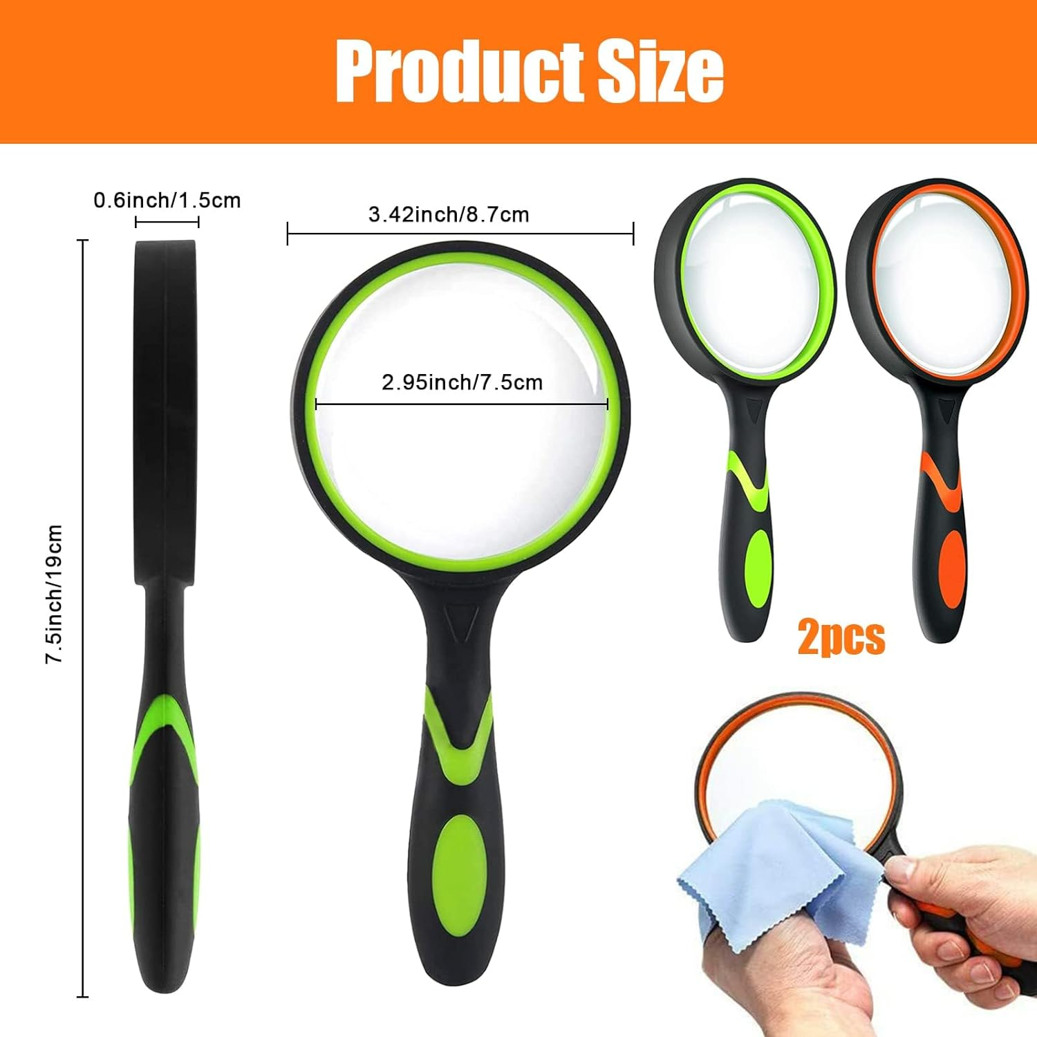 Handheld Magnifying Glass, 2 Pcs Large Reading Magnifier, 10X Non-Slip Handheld Reading Magnifier for Book Newspaper Reading, Classroom Science, Nature Exploration (Orange, Green) image number 6