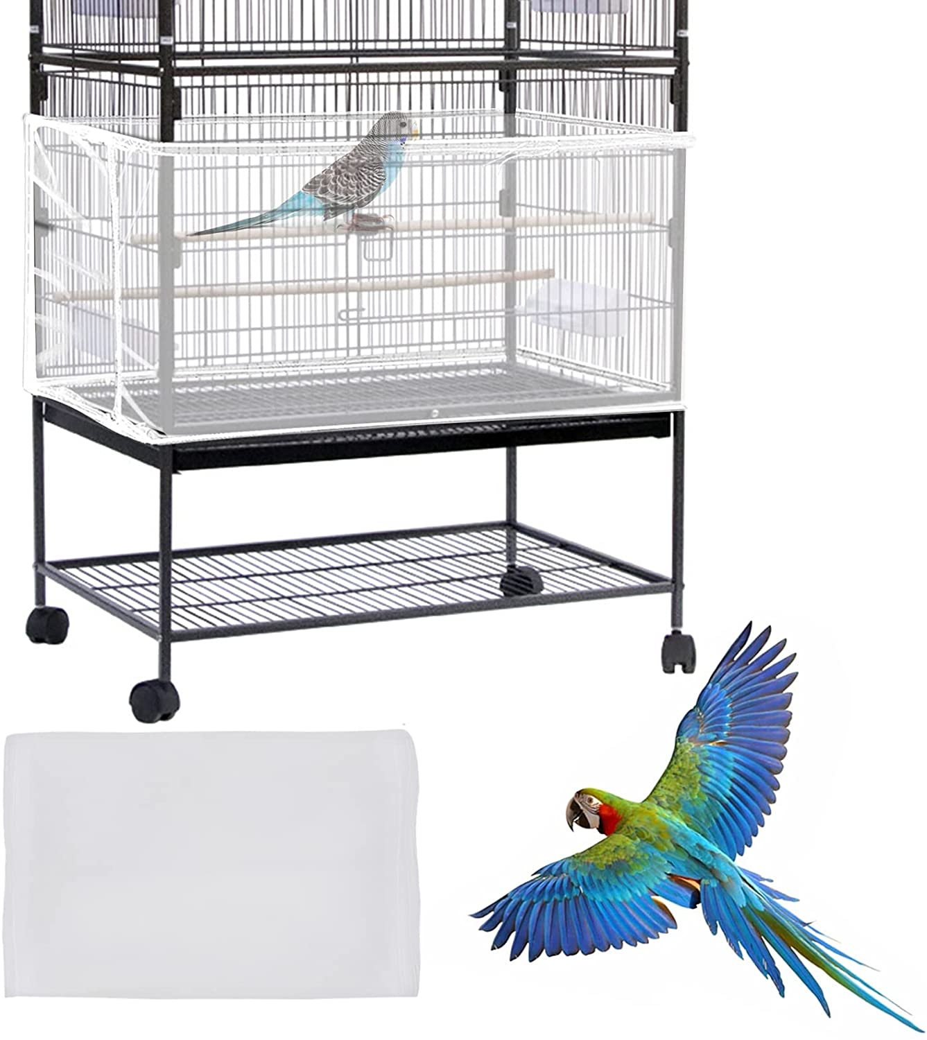 Large Bird Cage Cover, Daoeny Bird Cage Seed Catcher, Adjustable Soft Airy Nylon Mesh Net, Birdcage Cover Skirt Seed Guard for Parrot Parakeet Macaw African round Square Cages (White)
