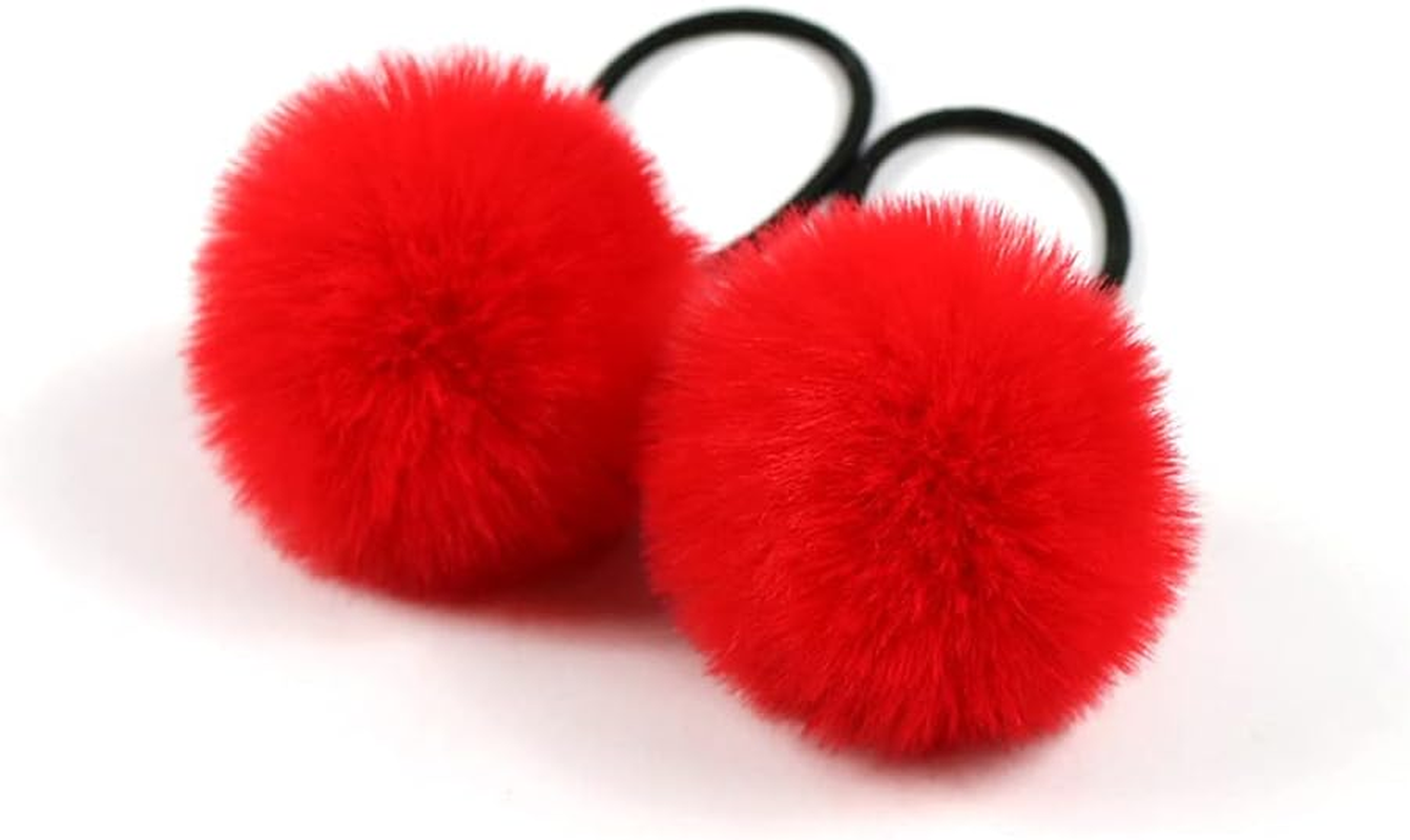 Pack of 5 Pom Pom Hair Bands for Women, Elastic Pom Ball Hair Band, Small Hair Bobbles Scrunchie with 5 Cm Pompoms, Hair Accessories for Ponytail, Thin Braids, Red