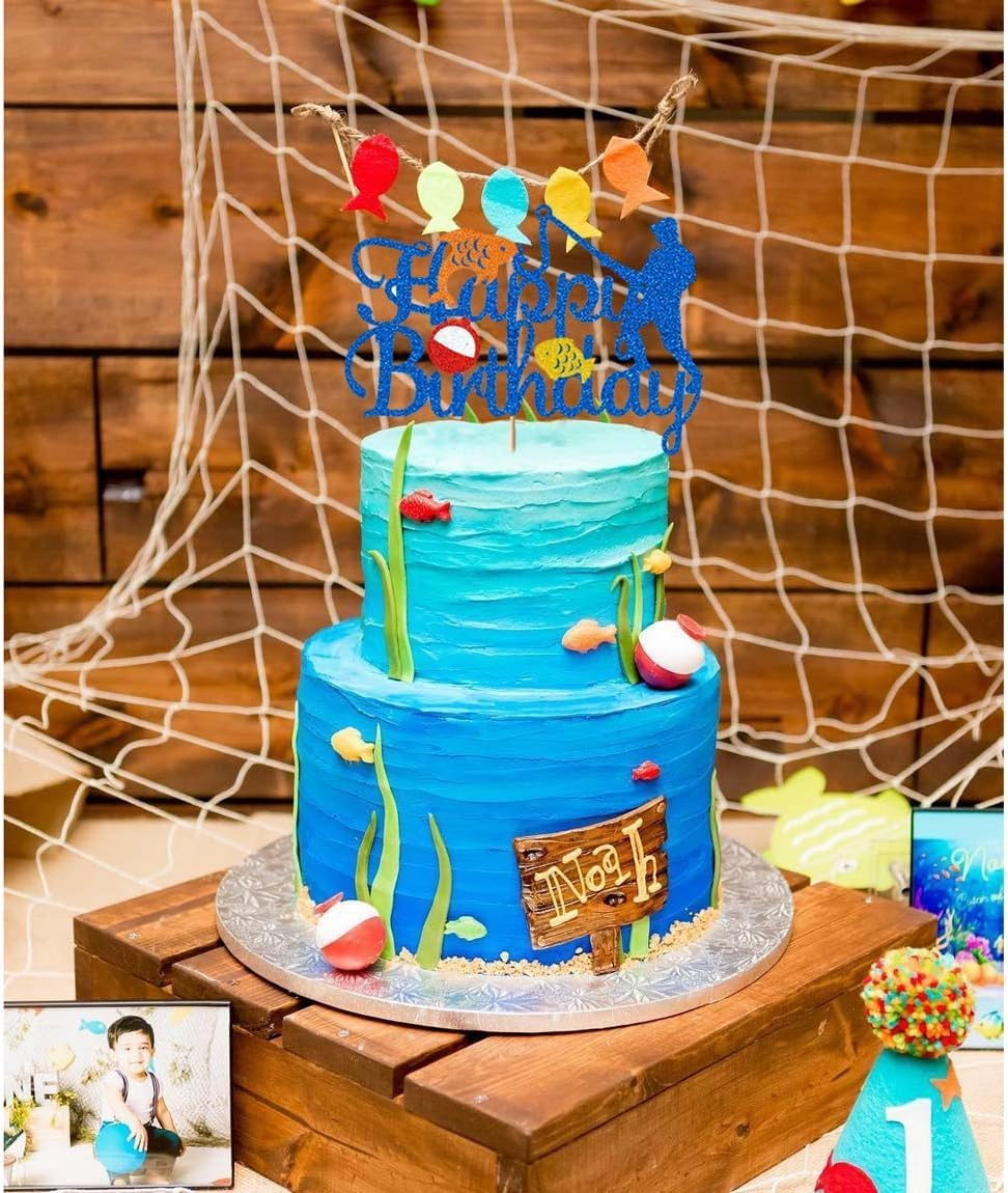 Confetti! Fishing Cake Topper - Outdoor Fisherman Birthday Decorations for Boys & Girls - Fishing Themed Party Supplies image number 3