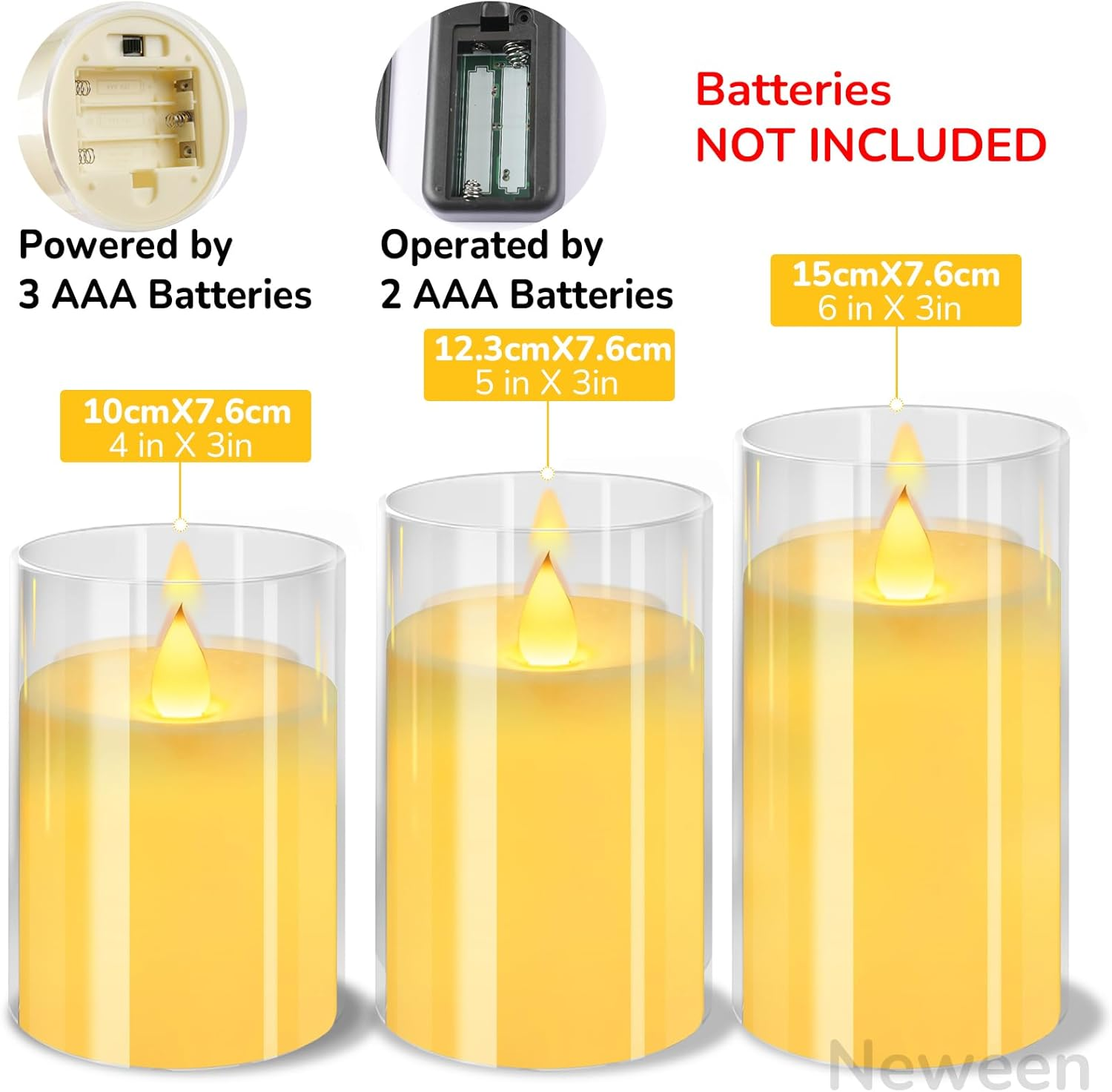 Neween Flickering Flameless Candles Set of 3, 3D Moving Wick Acrylic Battery Operated LED Pillar Candles with Remote and Timer for Christmas Halloween Valentine Party Decor (Clear, D3 H4 5" 6") image number 6