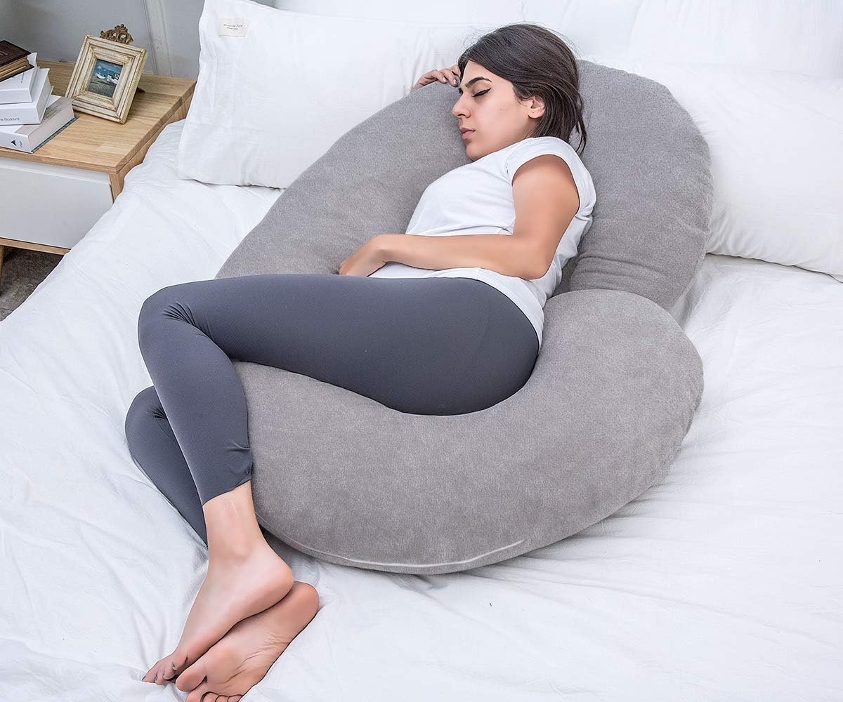 Pregnancy Pillow, C Shaped Full Body Pillow for Maternity Support, Pregnant Women Sleeping Pillow with Velvet Cover (Dark Grey)