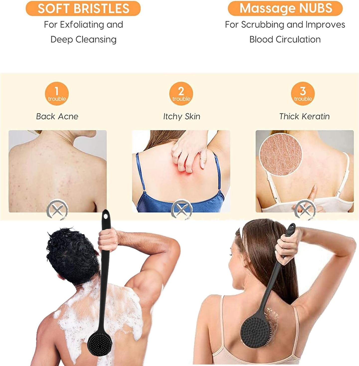 Silicone Back Scrubber with Long Handle & Polygonal Silicone Body Scrubber & round Exfoliator Back-Scrubber Set, Shower Brush, Body Brush Combination, with 2 Hook image number 2