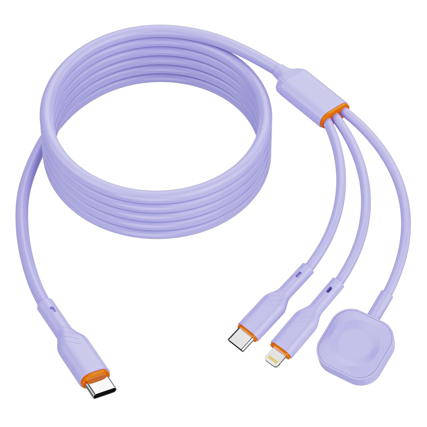 3-In-1 USB-C Fast Charging Cable 100W, 2M Multi Charger with USB-C, Lightning and Watch Charger &ndash; PD Fast Charge Durable Cable for Iphone, Ipad, Samsung and Android Devices (Purple)