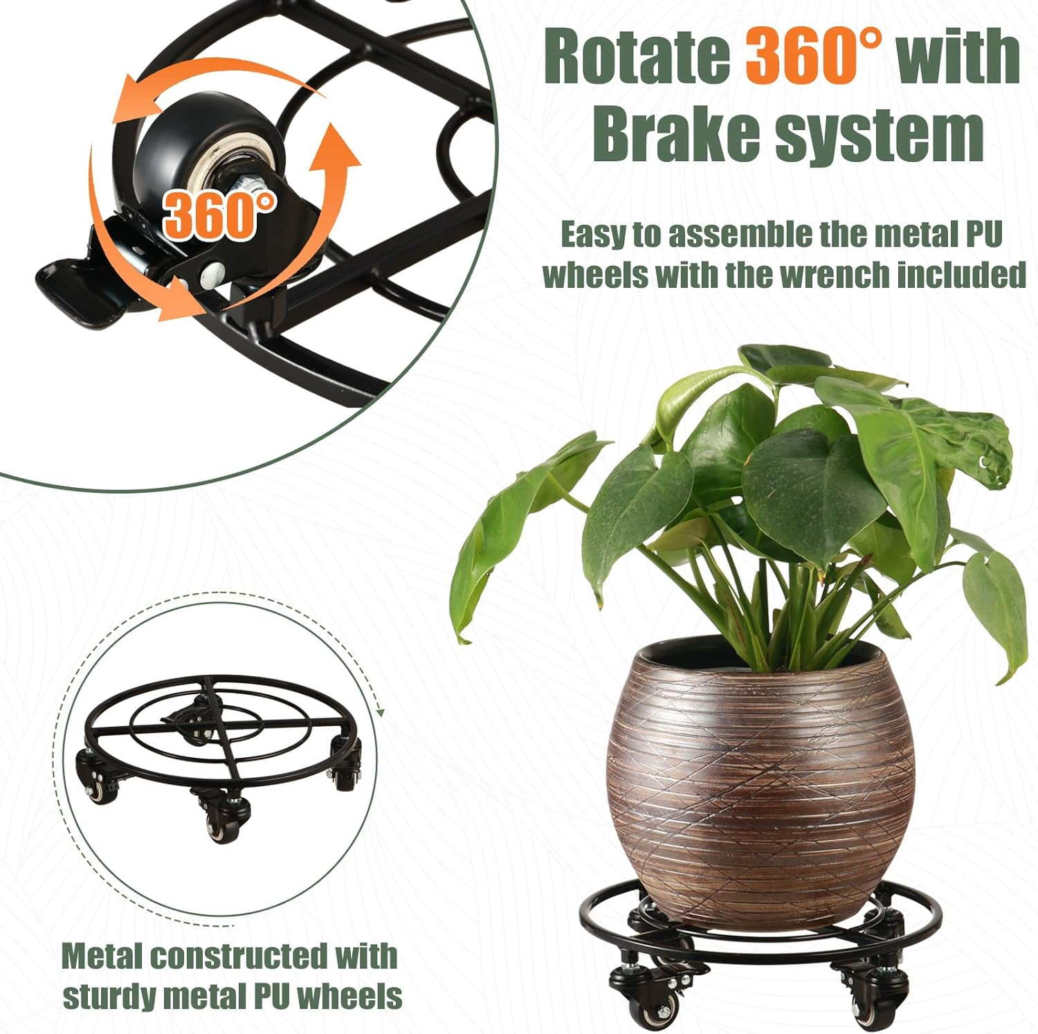 Kvyusflourish 2 Packs Large Metal Plant Caddy with Wheels 13.6" Rolling Plant Stands Heavy-Duty Wrought Iron Plant Dolly Plant Rollers Planter Mover with Casters, Strong Load Capacity image number 1