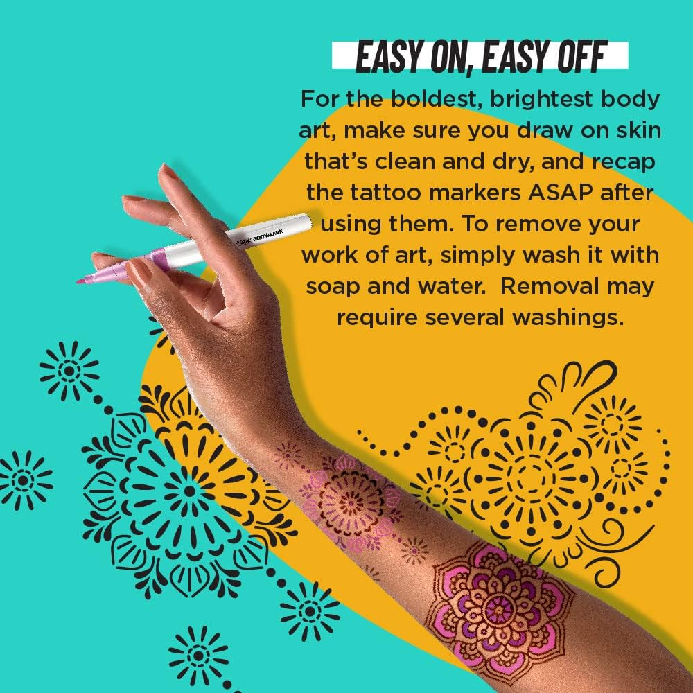 Bodymark BIC Temporary Tattoo Marker with Fine Tip, Mandala, Assorted Colors, Pack of 3 Markers + 3 Stencils image number 1