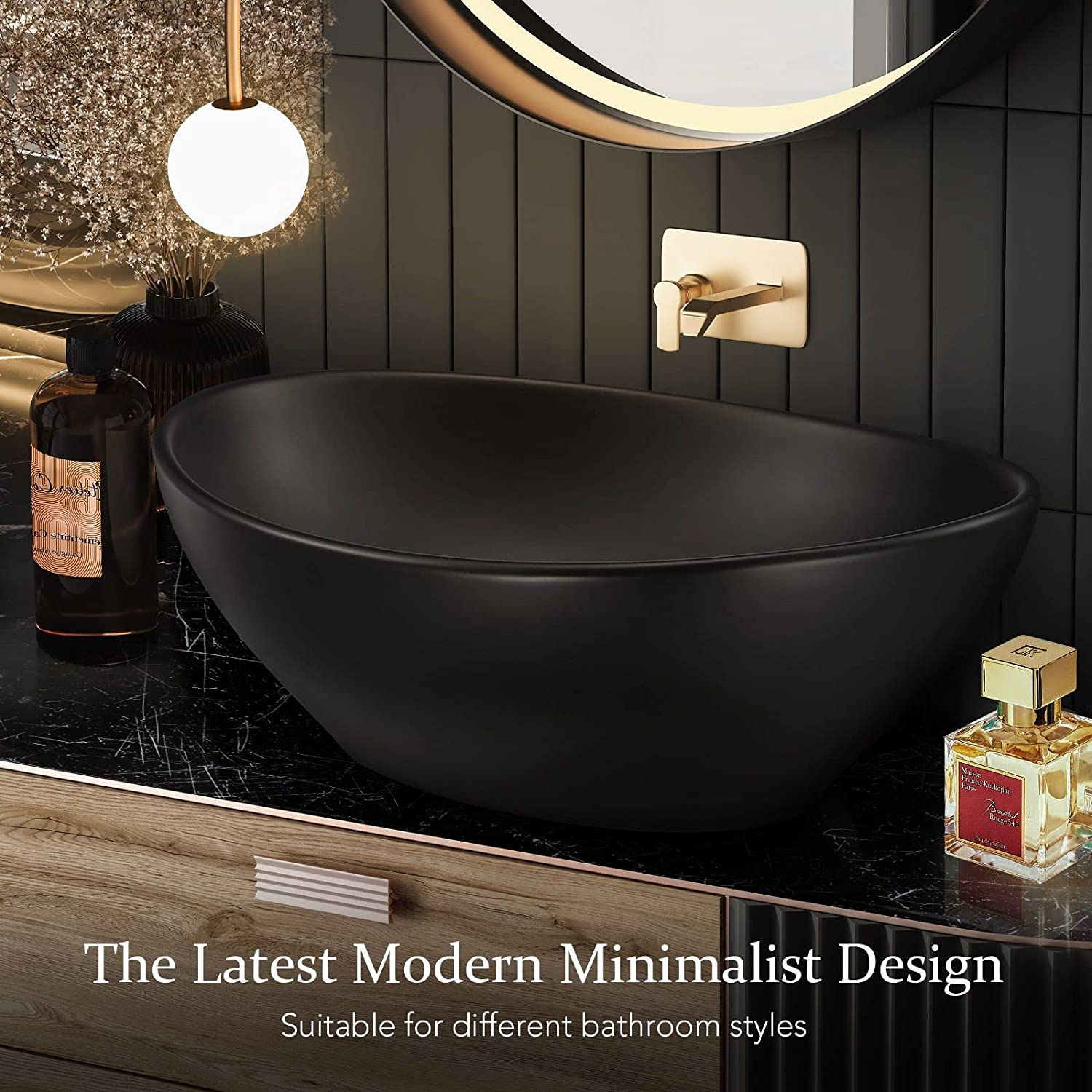 Luxsuite Bathroom Basin Oval Bathroom Sink Vessel Wash Basin Washing Vanity Bowl above Counter Hand Toilet Bath Countertop Ceramic Basin Black image number 2
