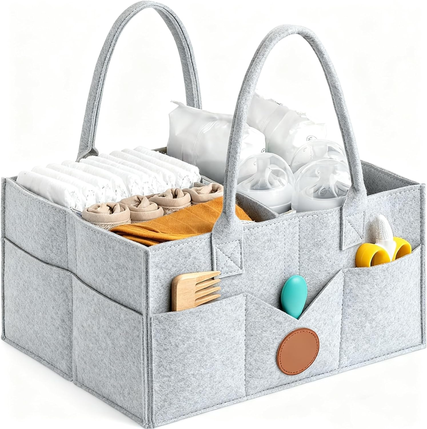 Baby Diaper Caddy Organizer, Nappy Caddy Organiser, Felt Cloth Multi Pocket Storage Bin Basket with Handle for Indoor Outdoor (Grey) image number 6