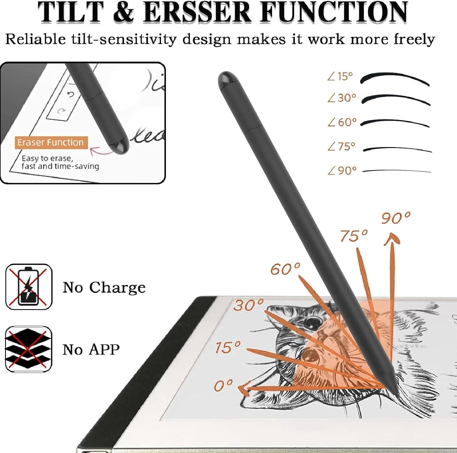 EMR Stylus for Remarkable 2 1/Tab&Book/Boox/Scribe and More, Replacement Digital Pen with Eraser, 4096 Pressure Level, Palm Rejection, Tilt Support, with 6 Tips image number 5