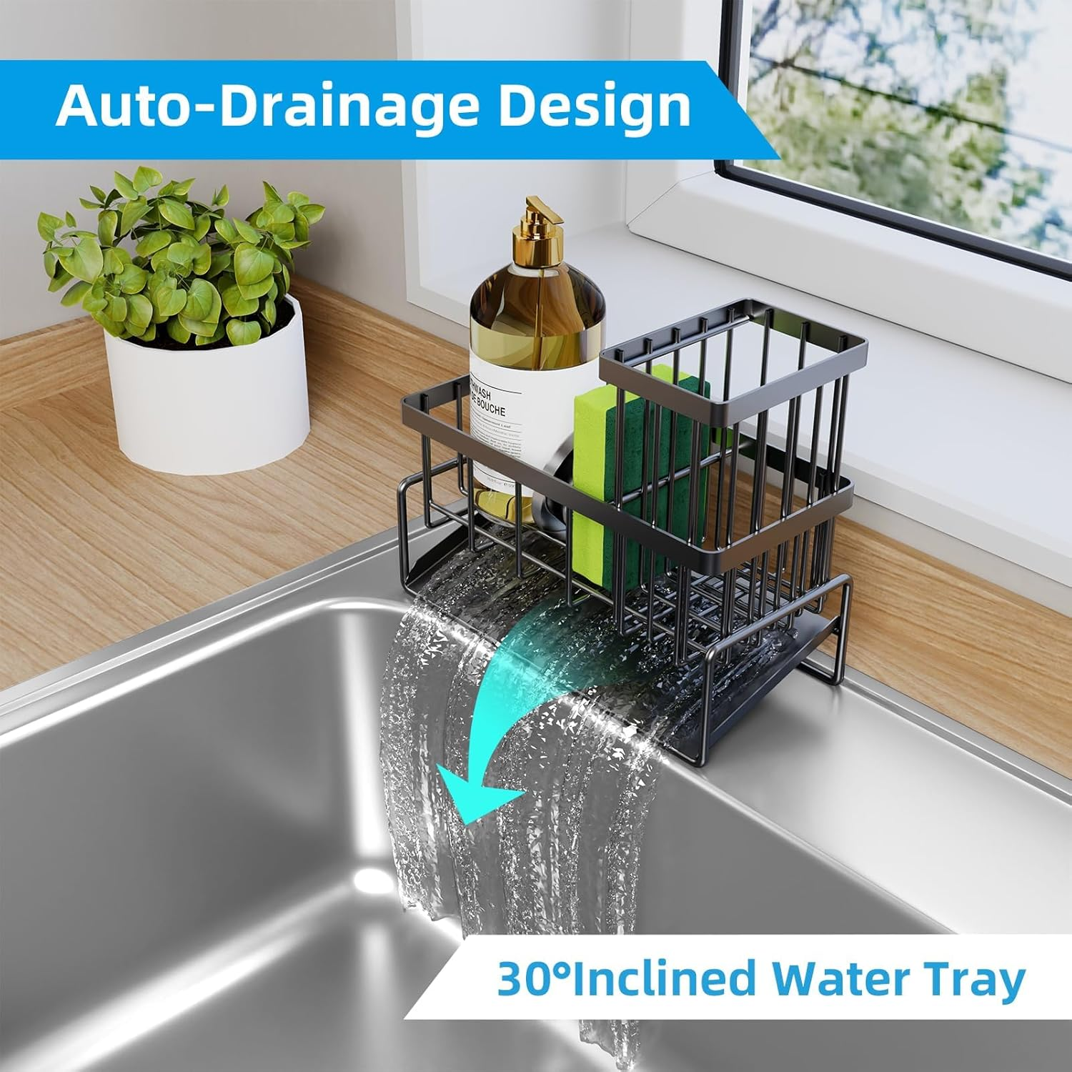 Sponge Holder for Kitchen Sink Caddy Organizer, Soap Sponge Caddy with Brush Holder, Rustproof Sink Accessory with Dividers for Storage Kitchen Gadgets image number 1