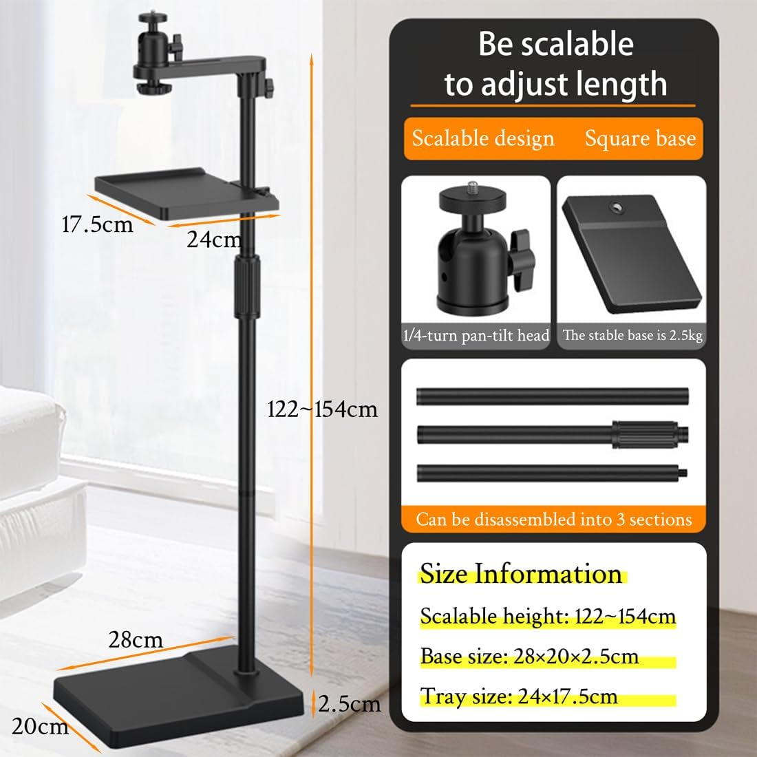 Projector Stand Height Adjustable Floor with Storage Tray，360&deg; Rotation , Hidden behind Sofa against Wall, Universal Projector Mount for Home Office Video Vlog Cameras.(Floor Type) image number 5