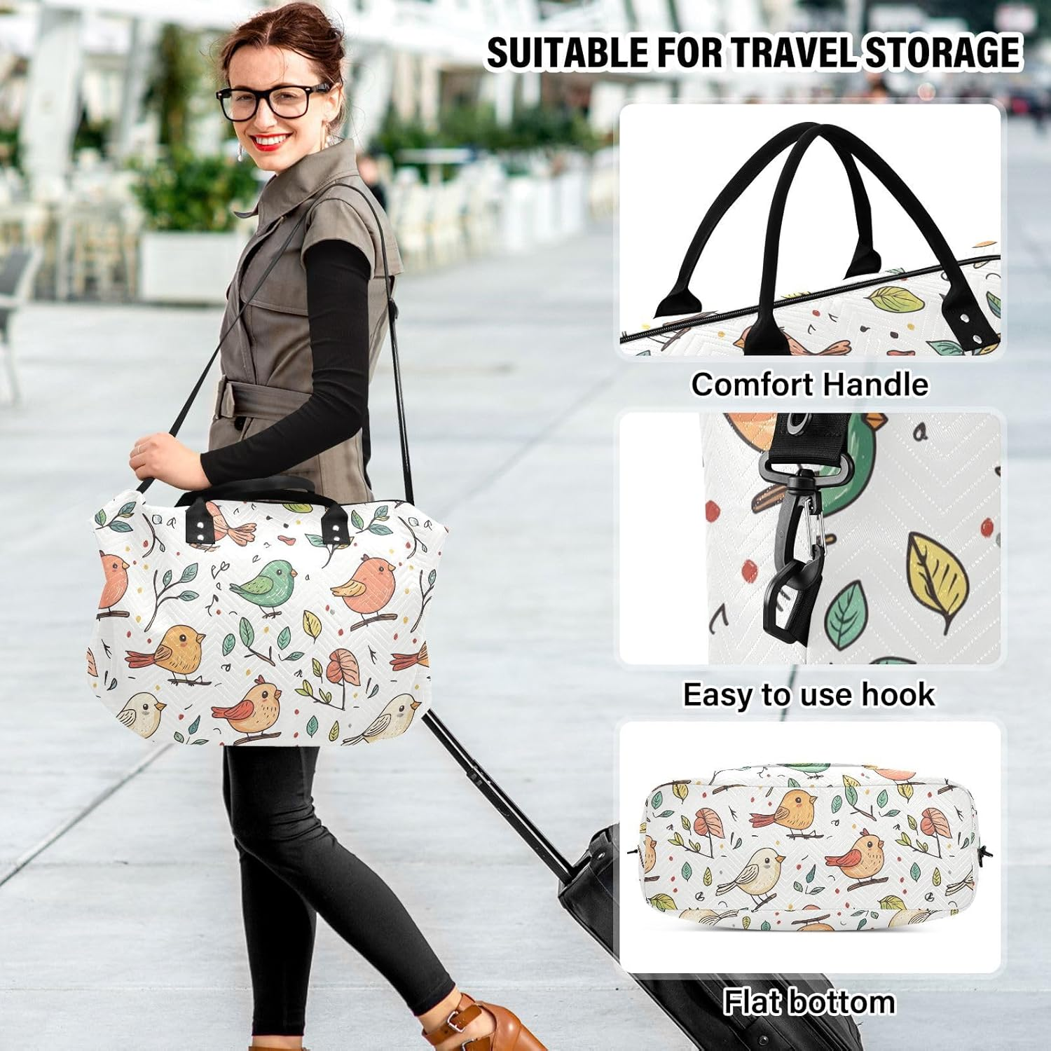 Travel Tote Bag Cartoon Childish Cute Birds Travel Weekender Gear Bag with Toiletry Bag for Gym 2 Pcs Set Bolsas Para Viajar En Avion De Mujer