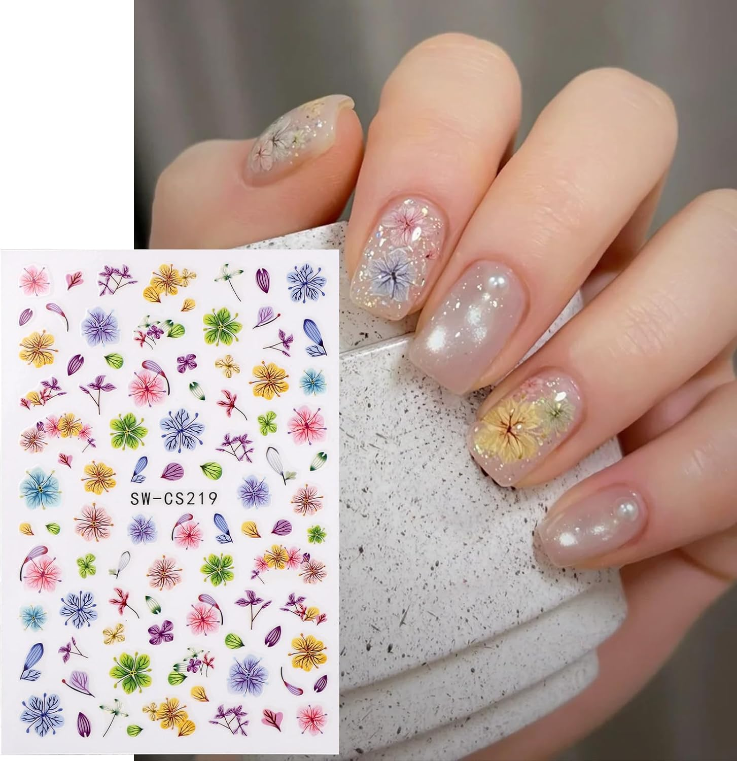 12 Sheets Flower Nail Stickers, 3D Self-Adhesive Flower and Leaf Plant Nail Decals Spring Summer DIY Manicure Decorations for Women Girls image number 2