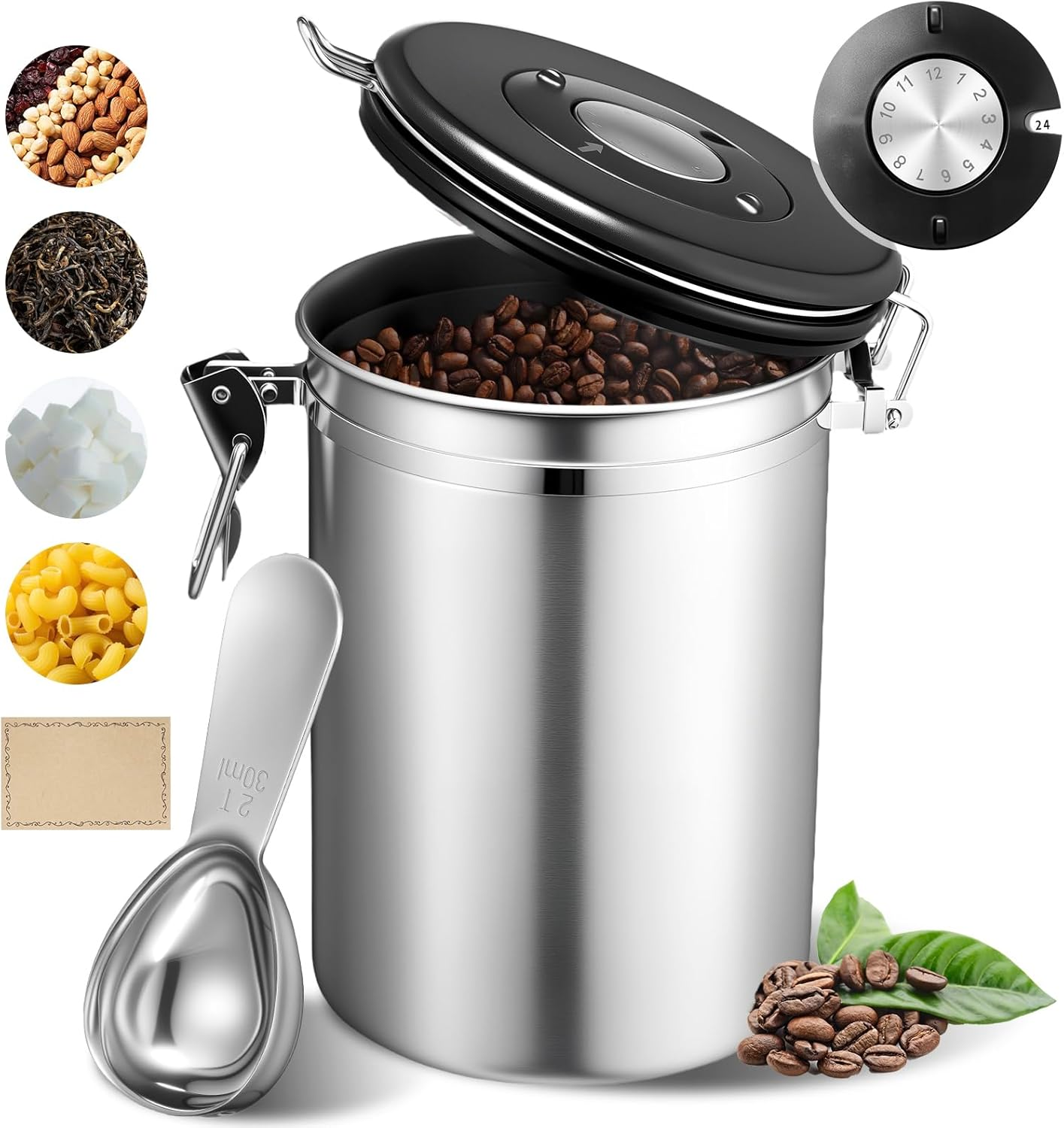 Coffee Canister, 26OZ Airtight Food Storage Containers with Date Tracker & Stainless Steel Coffee Scoop, Ground Coffee Bar Accessories Also Fits for Bean Flour Tea Sugar Cereal, 8 Labels, Silver image number 1