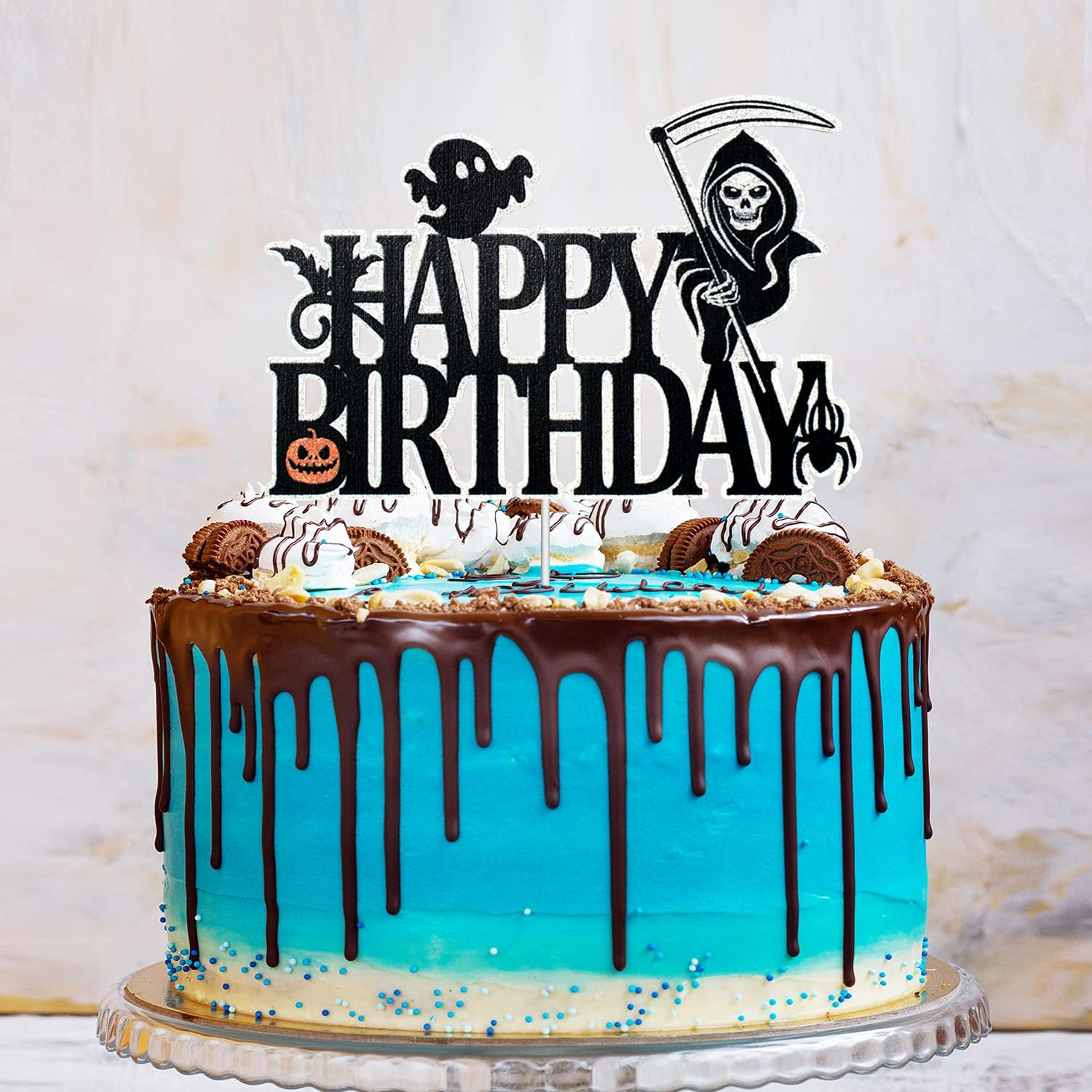 Halloween Happy Birthday Cake Topper - Spooky Pumpkin Death Black Glitter Cake Topper - Adult Kids Horror Birthday Party - Happy Halloween Party Decoration image number 1